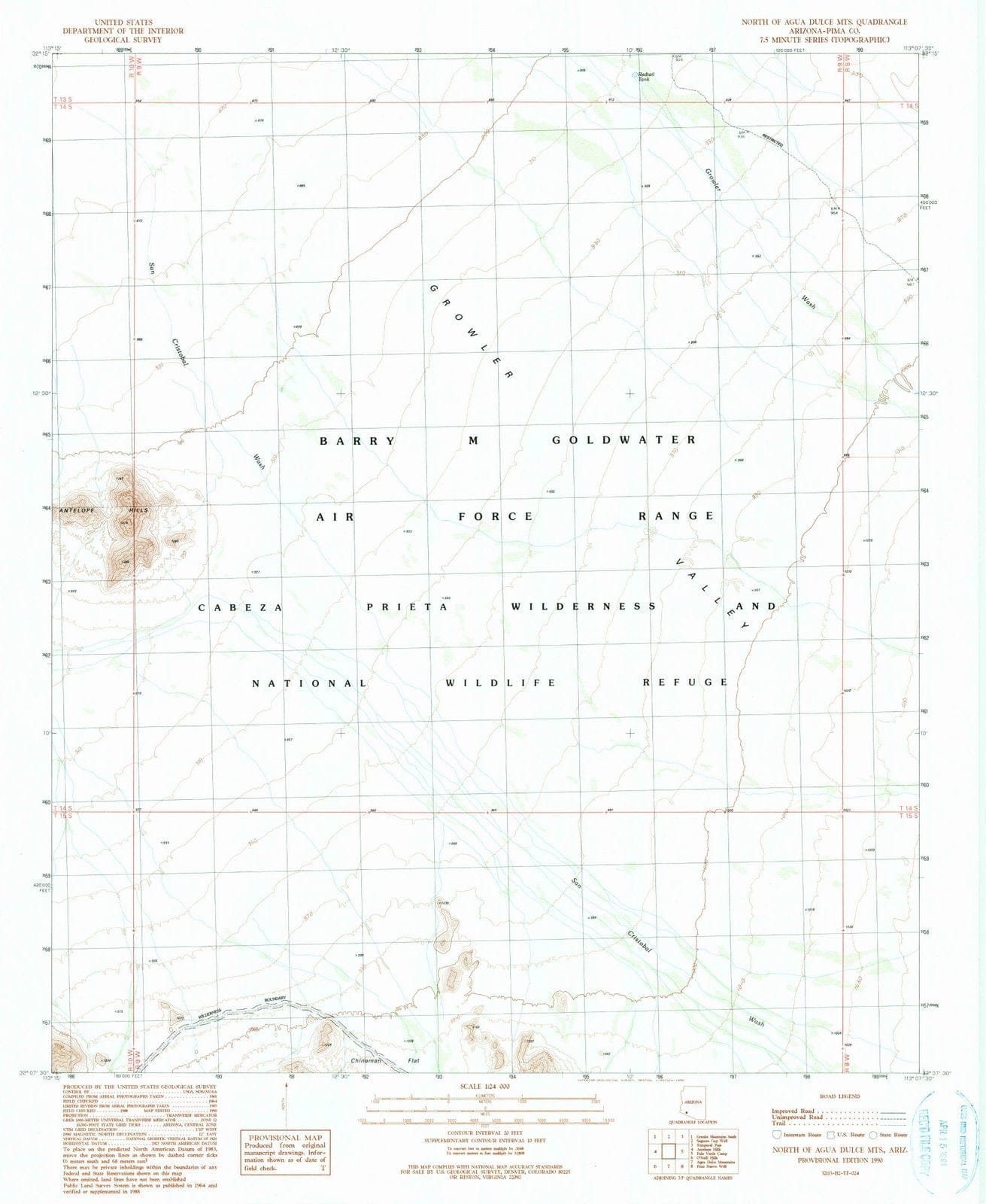 1990 North of Agua Dulce Mountains, AZ - Arizona - USGS Topographic Map