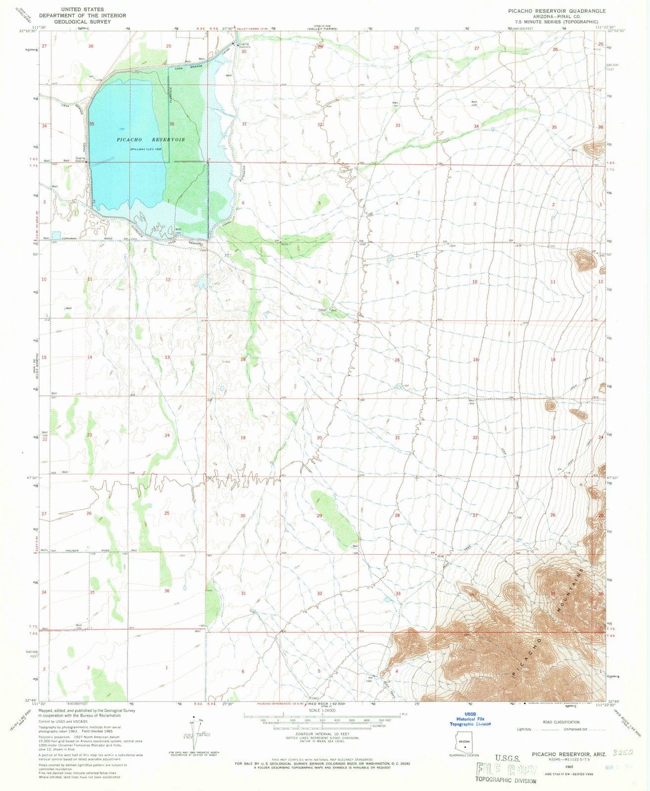1965 Picacho Reservoir, AZ - Arizona - USGS Topographic Map