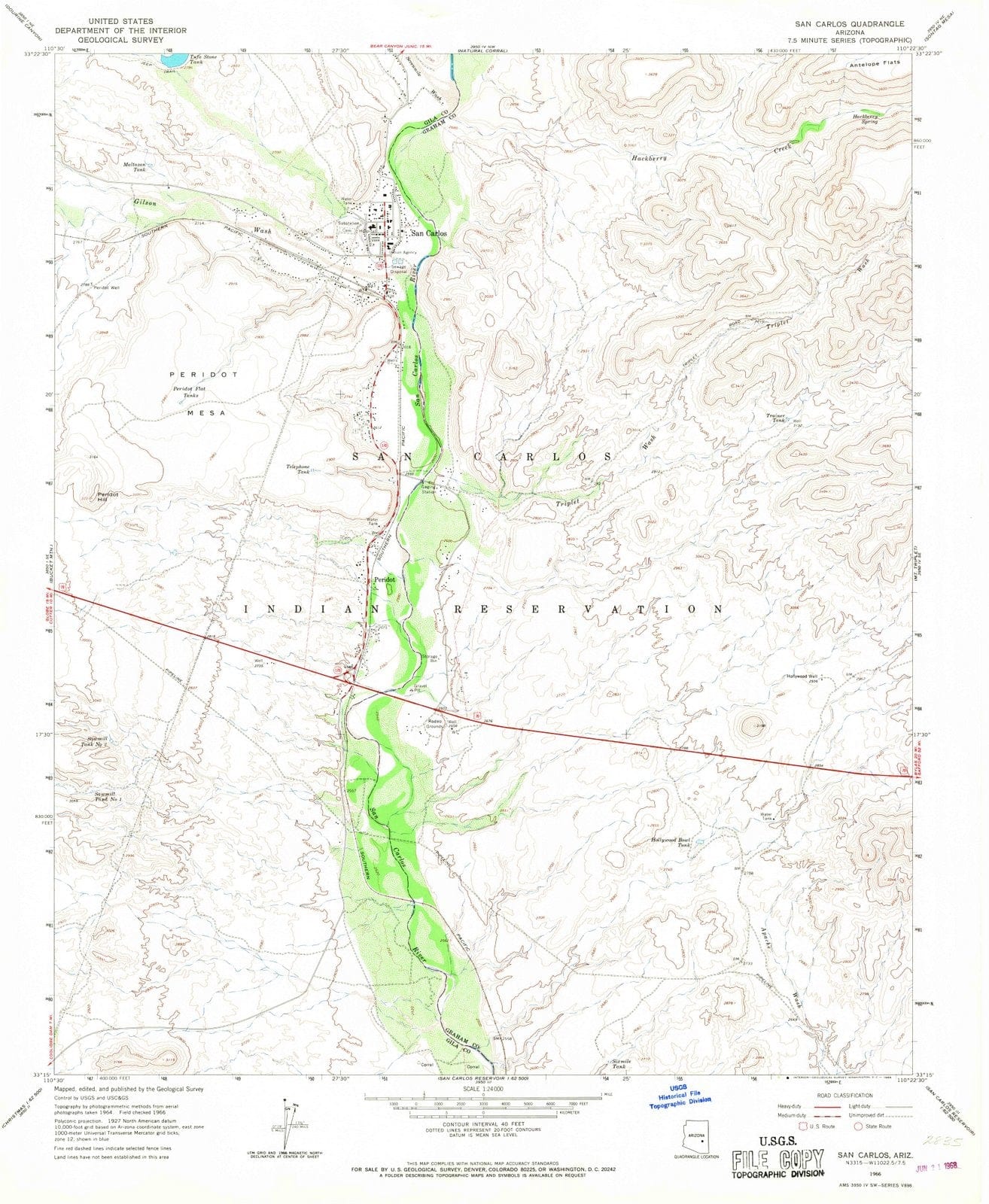 1966 San Carlos, AZ - Arizona - USGS Topographic Map