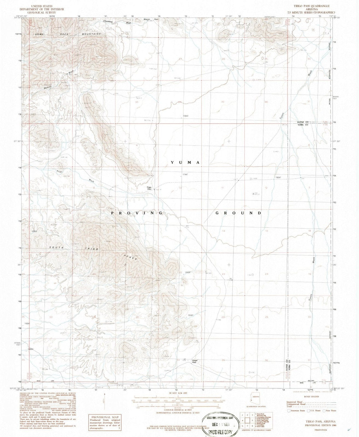 1986 Trigo Pass, AZ - Arizona - USGS Topographic Map