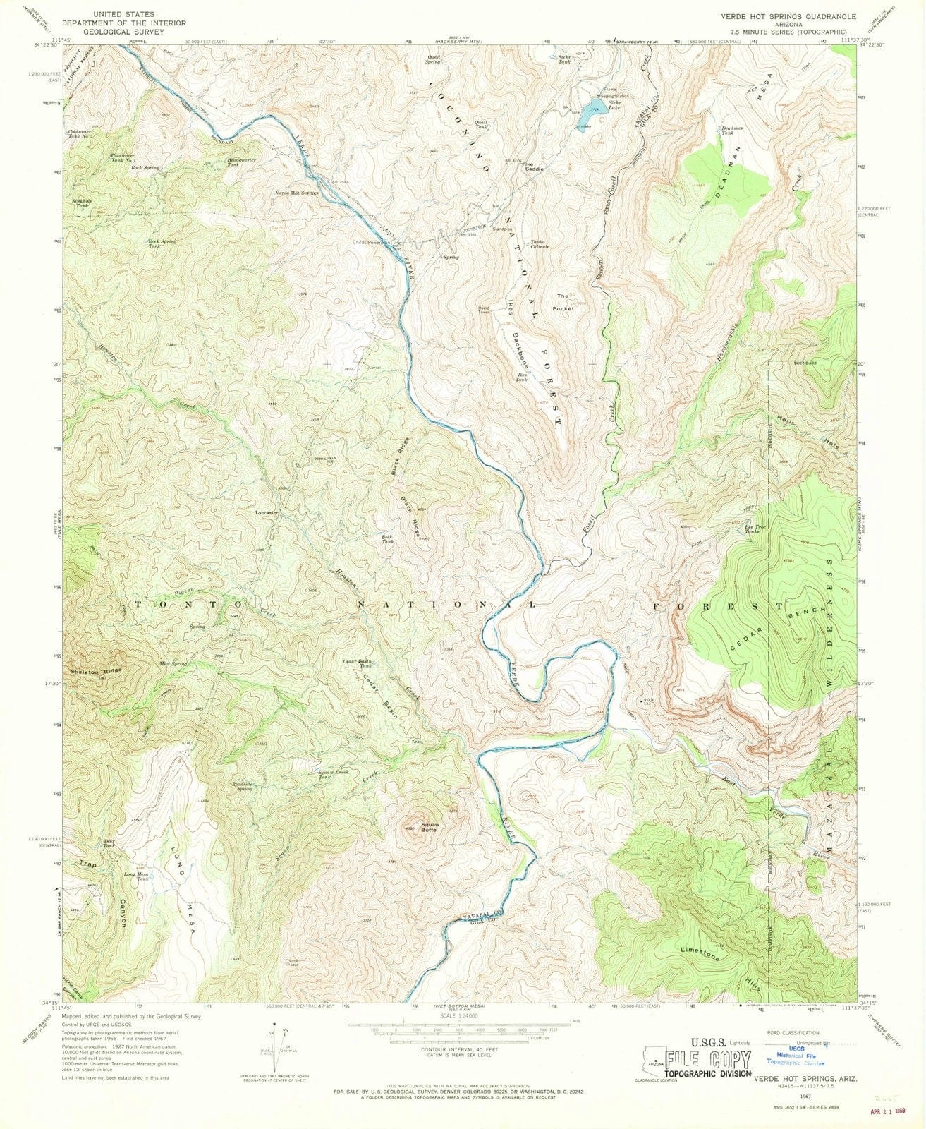 1967 Verde Hot Springs, AZ - Arizona - USGS Topographic Map