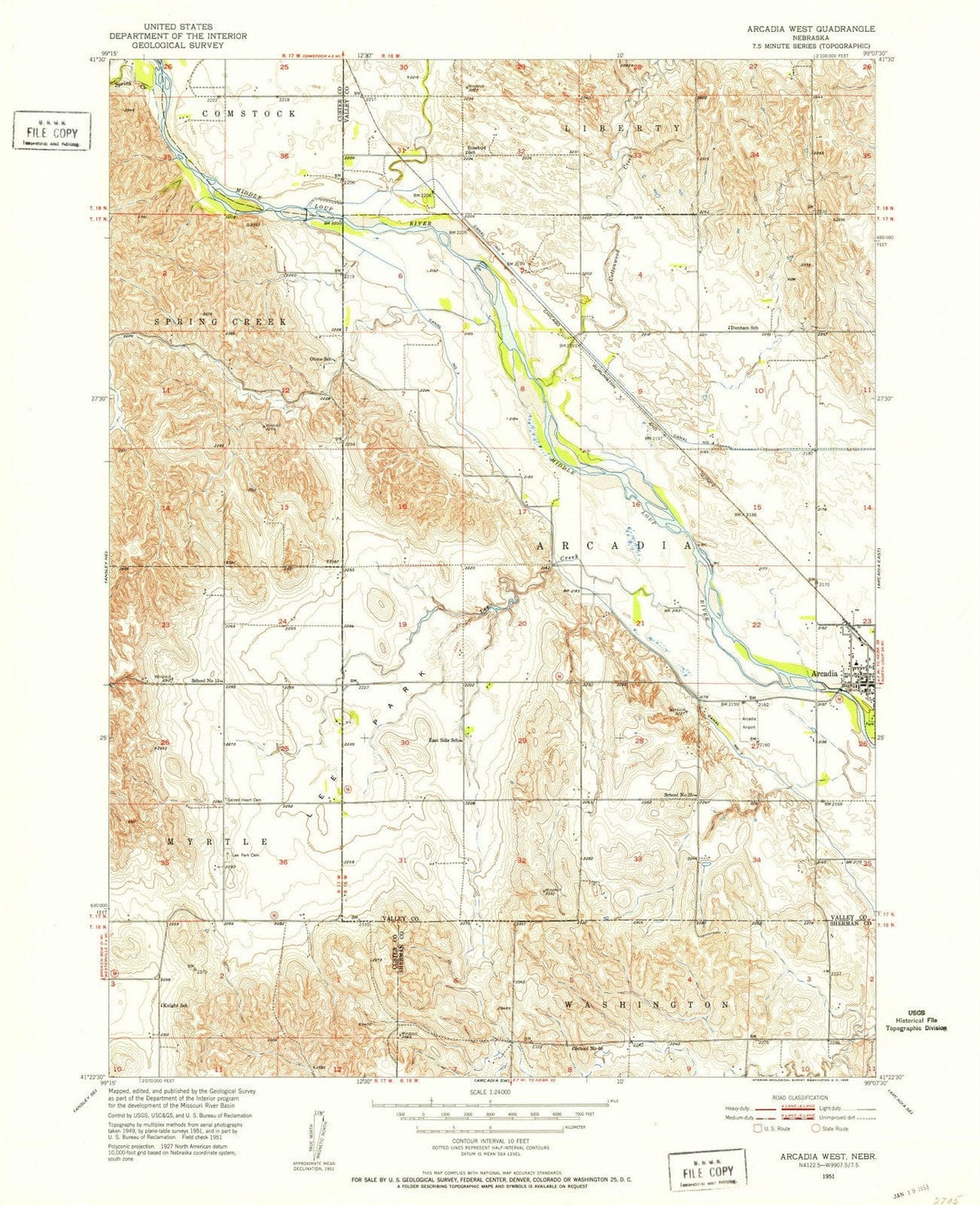 1951 Arcadia West, NE - Nebraska - USGS Topographic Map