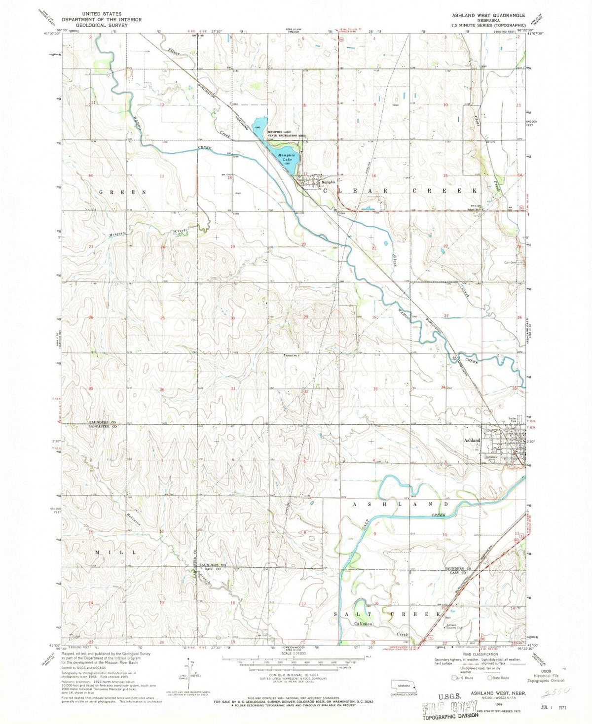 1969 Ashland West, NE - Nebraska - USGS Topographic Map