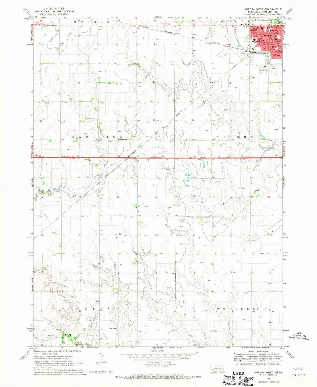 1968 Aurora West, NE - Nebraska - USGS Topographic Map