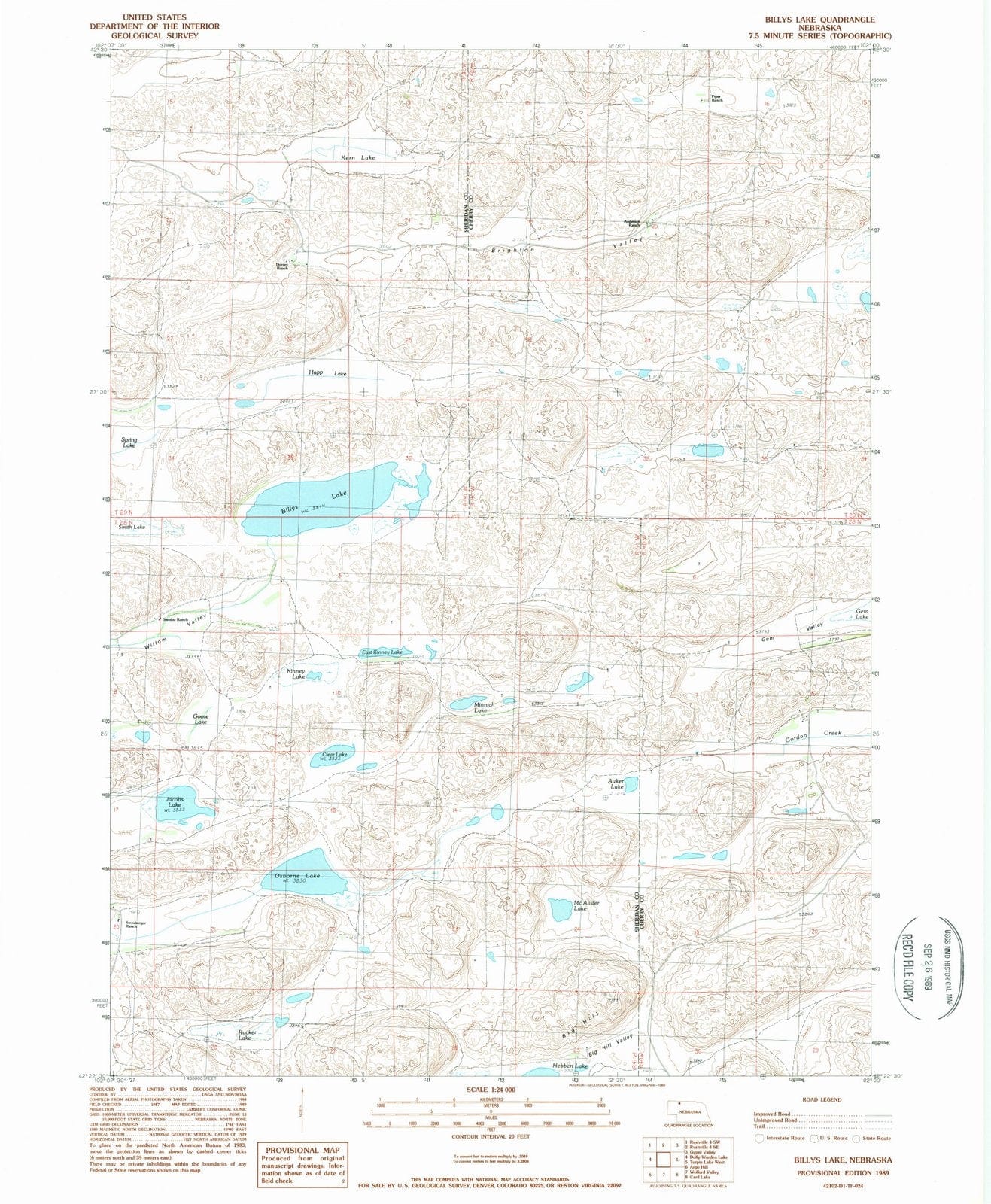 1989 Billys Lake, NE - Nebraska - USGS Topographic Map