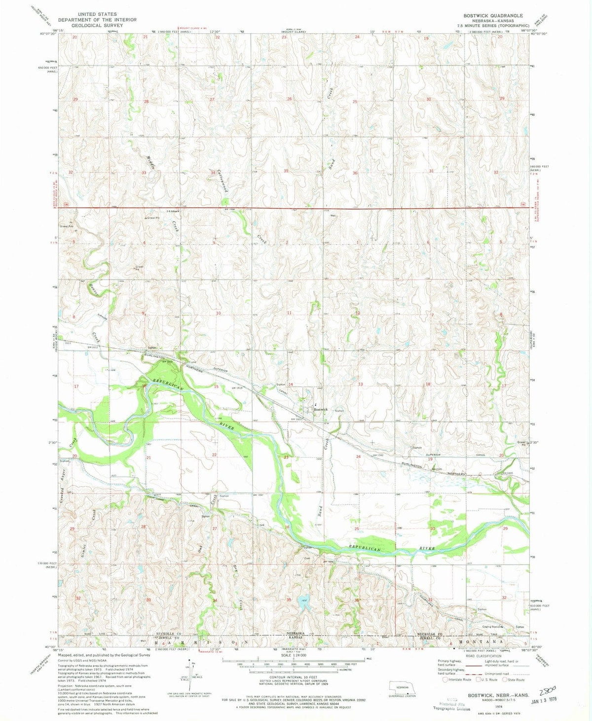 1974 Bostwick, NE - Nebraska - USGS Topographic Map