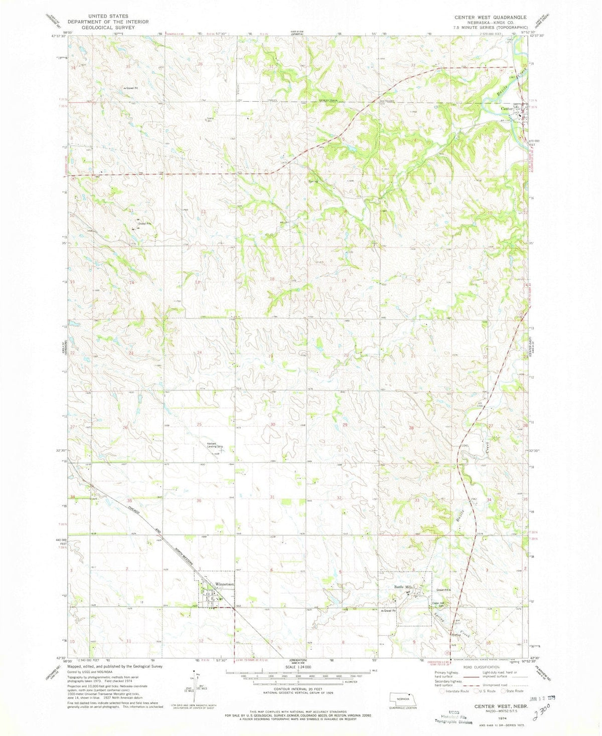 1974 Center West, NE - Nebraska - USGS Topographic Map