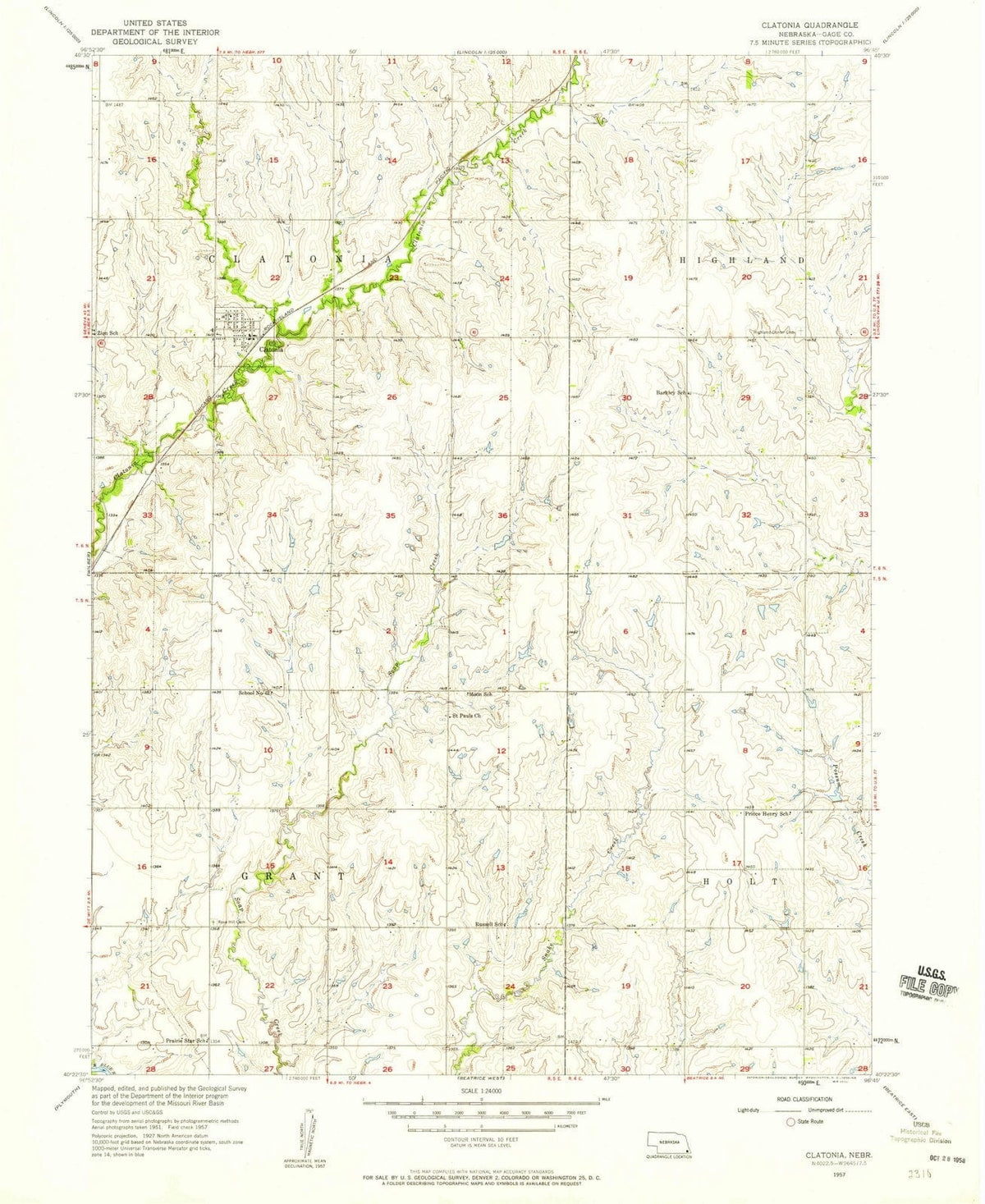 1957 Clatonia, NE - Nebraska - USGS Topographic Map