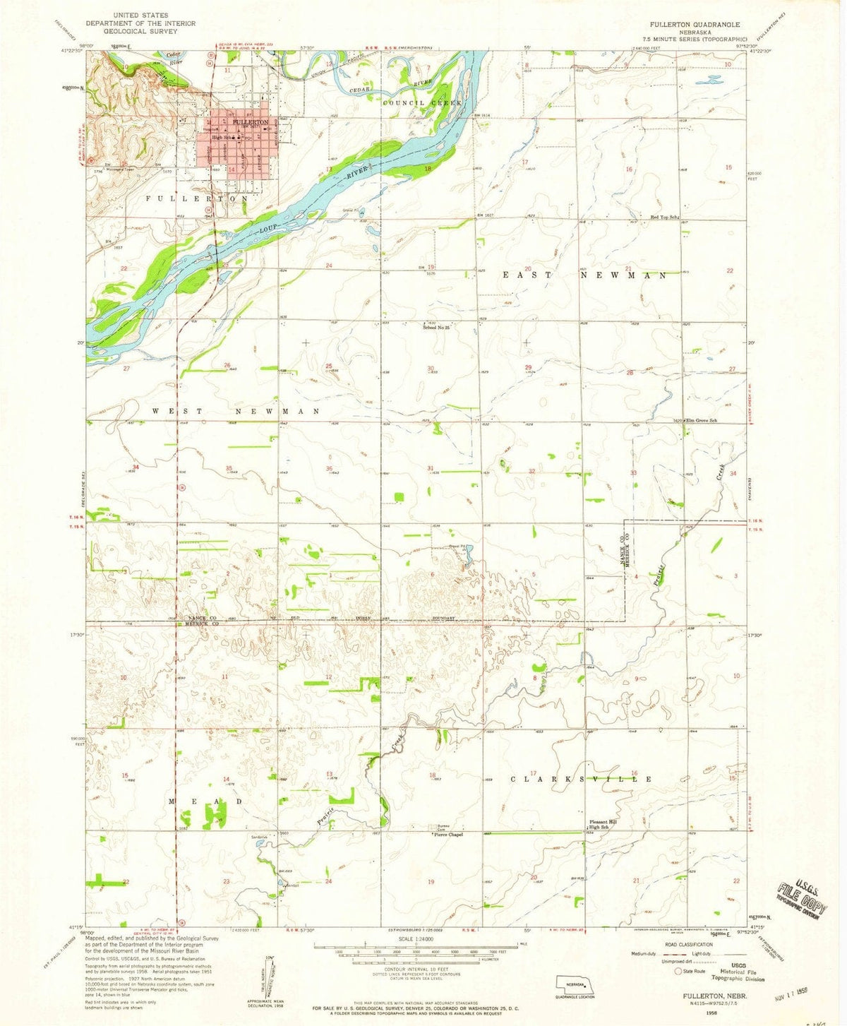 1958 Fullerton, NE - Nebraska - USGS Topographic Map