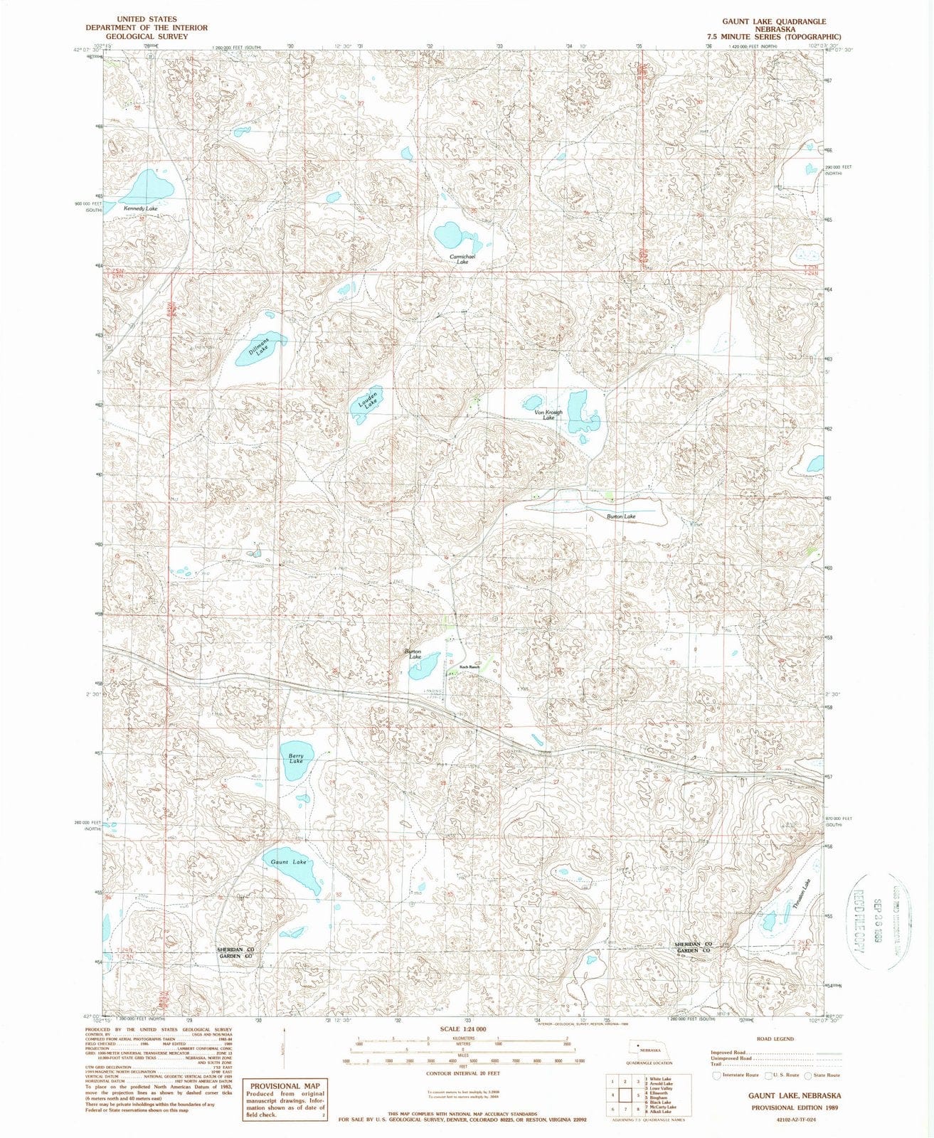 1989 Gaunt Lake, NE - Nebraska - USGS Topographic Map