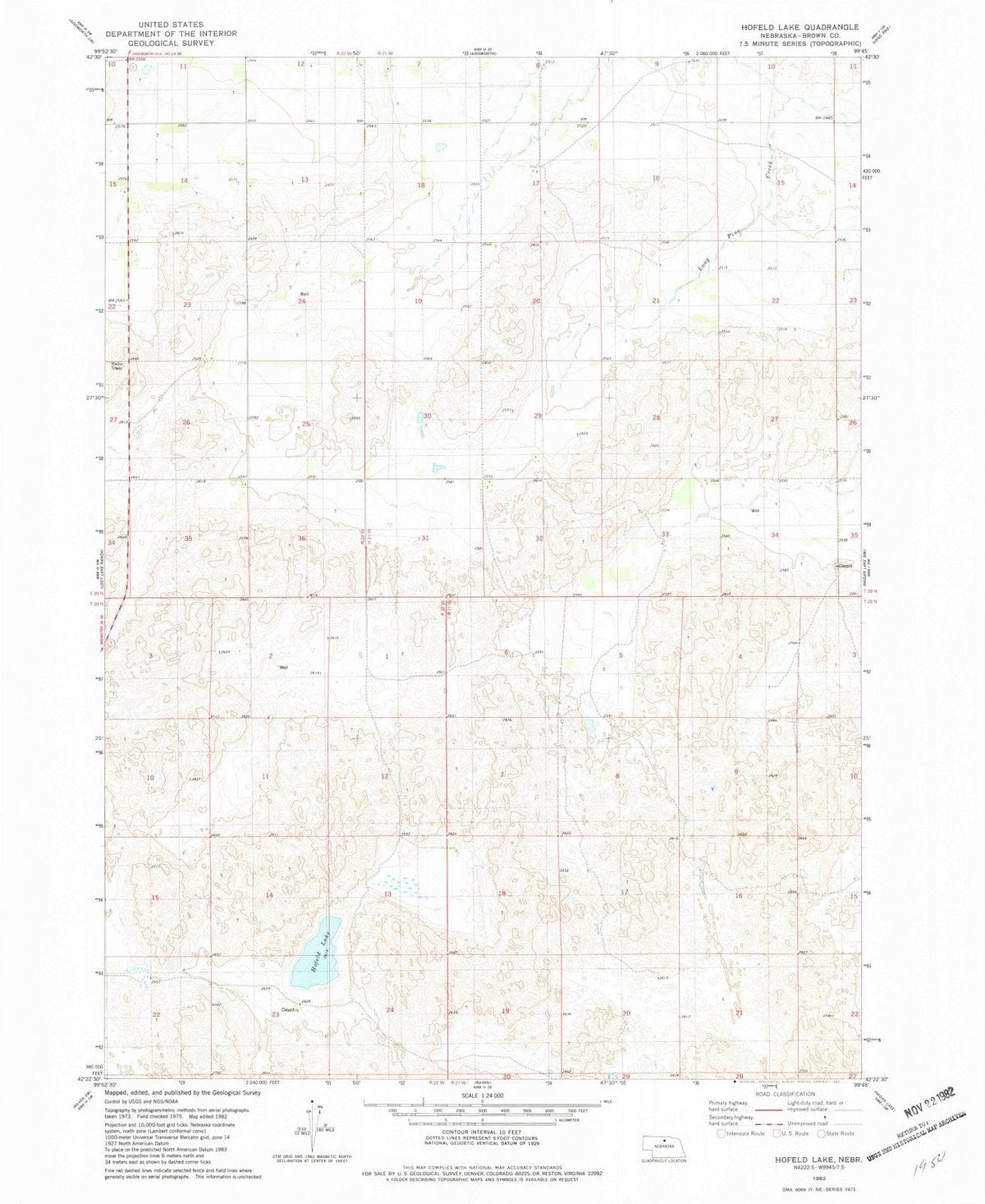 1982 Hofeld Lake, NE - Nebraska - USGS Topographic Map