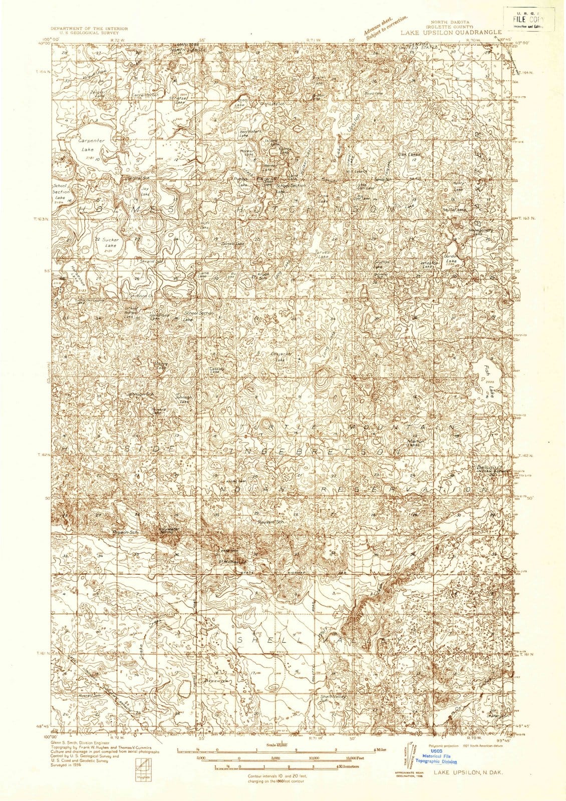 1936 Lake Upsilon, ND - North Dakota - USGS Topographic Map