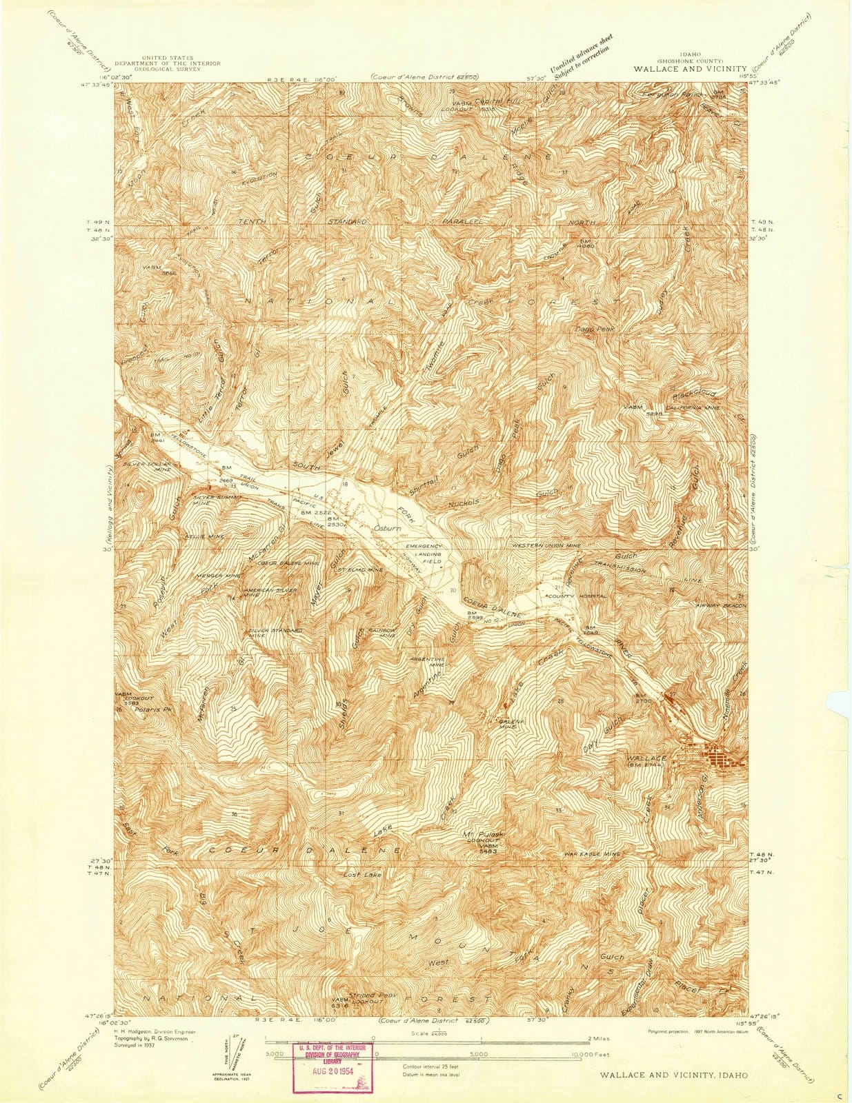 1937 Wallace and Vicinity, ID - Idaho - USGS Topographic Map