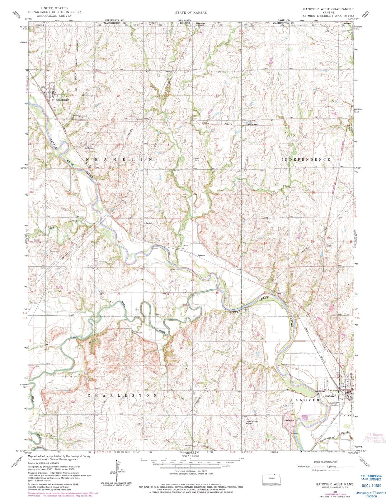 1966 Hanover West, KS - Kansas - USGS Topographic Map