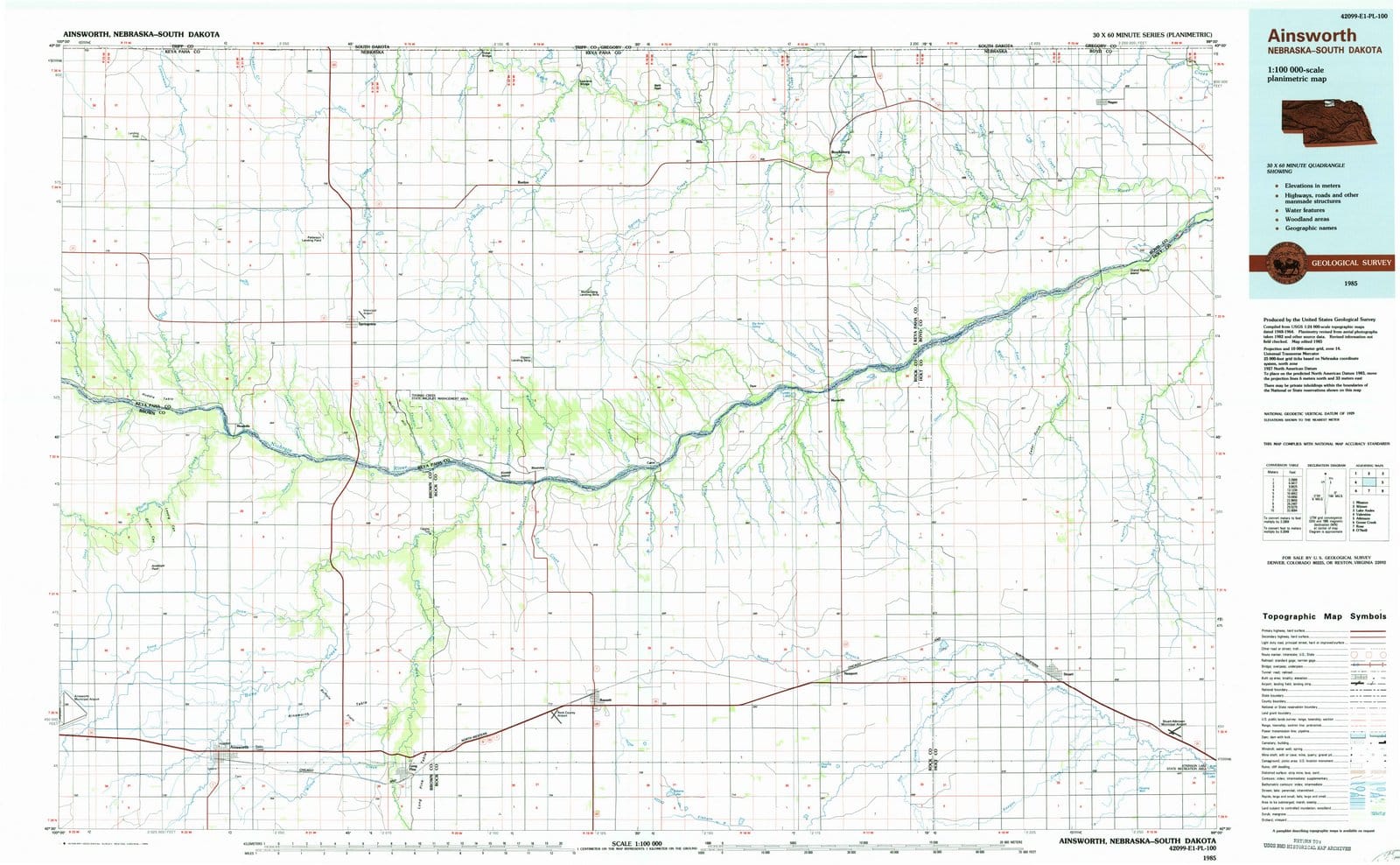1985 Ainsworth, NE - Nebraska - USGS Topographic Map