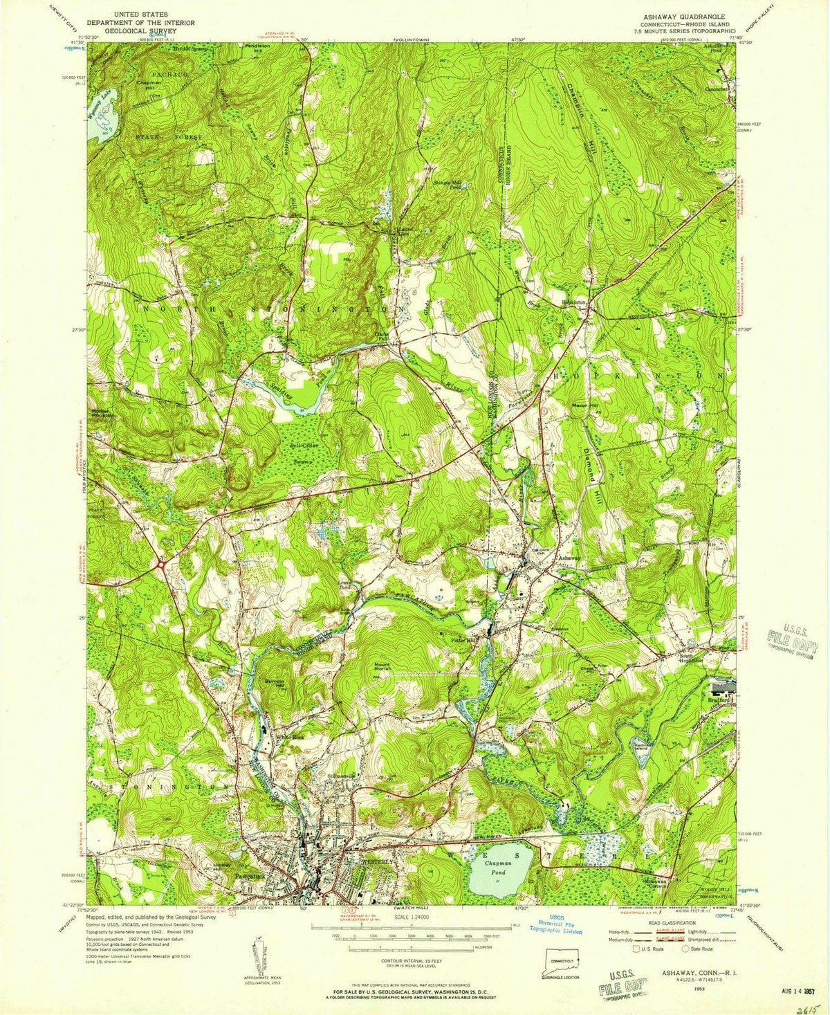 1953 Ashaway, RI - Rhode Island - USGS Topographic Map