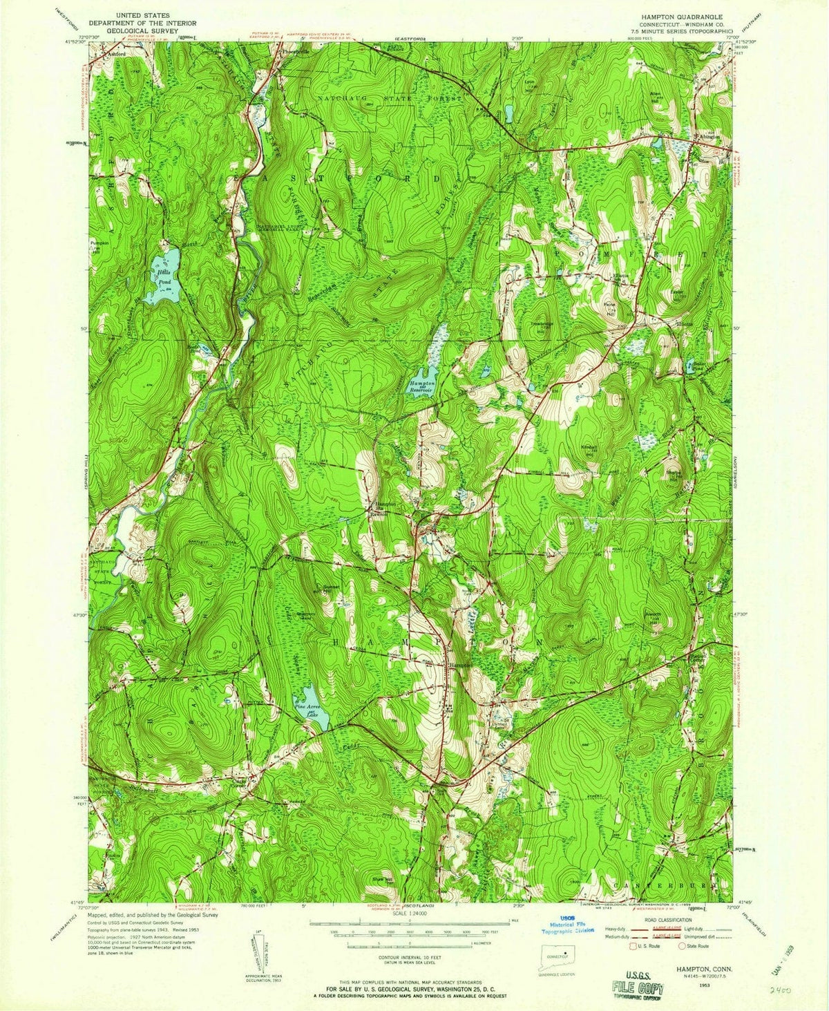 1953 Hampton, CT - Connecticut - USGS Topographic Map