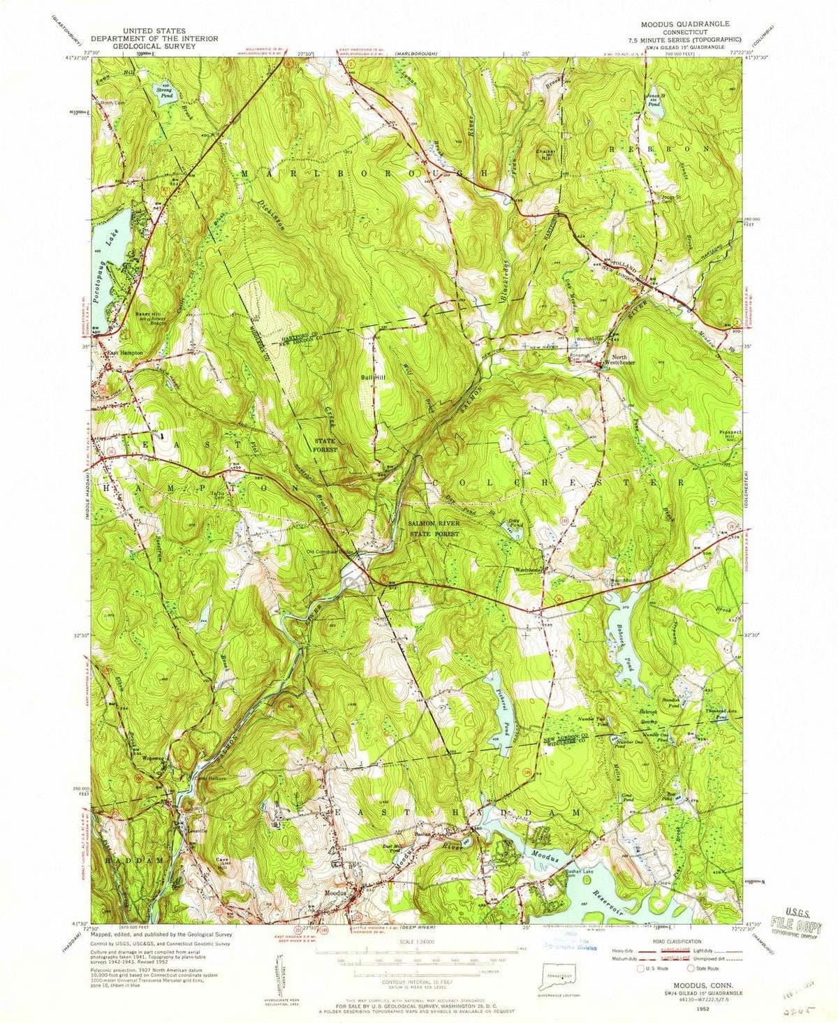 1952 Moodus, CT - Connecticut - USGS Topographic Map