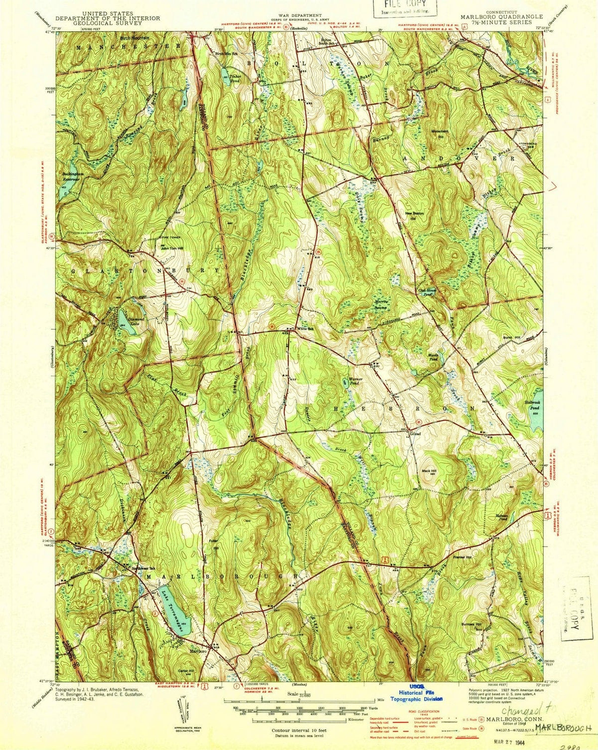 1944 Marlboro, CT - Connecticut - USGS Topographic Map