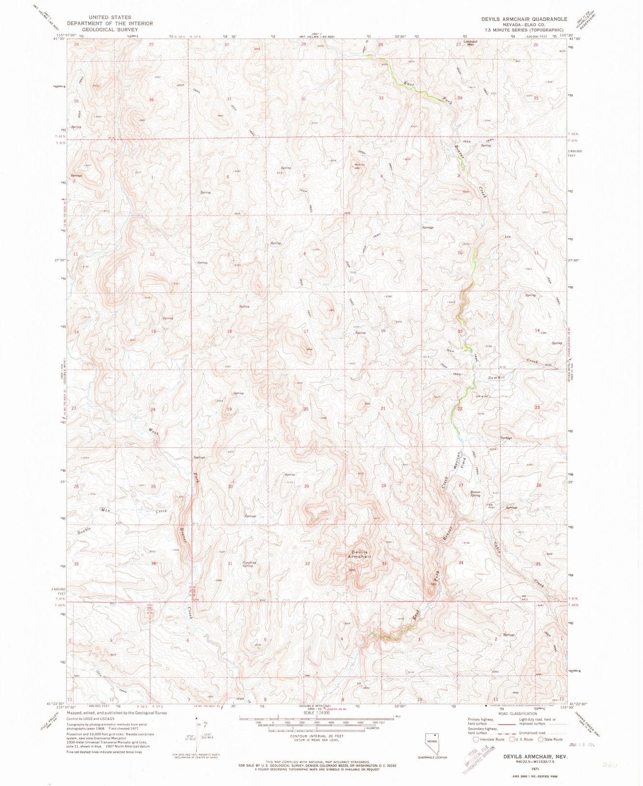 1971 Devils Armchair, NV - Nevada - USGS Topographic Map