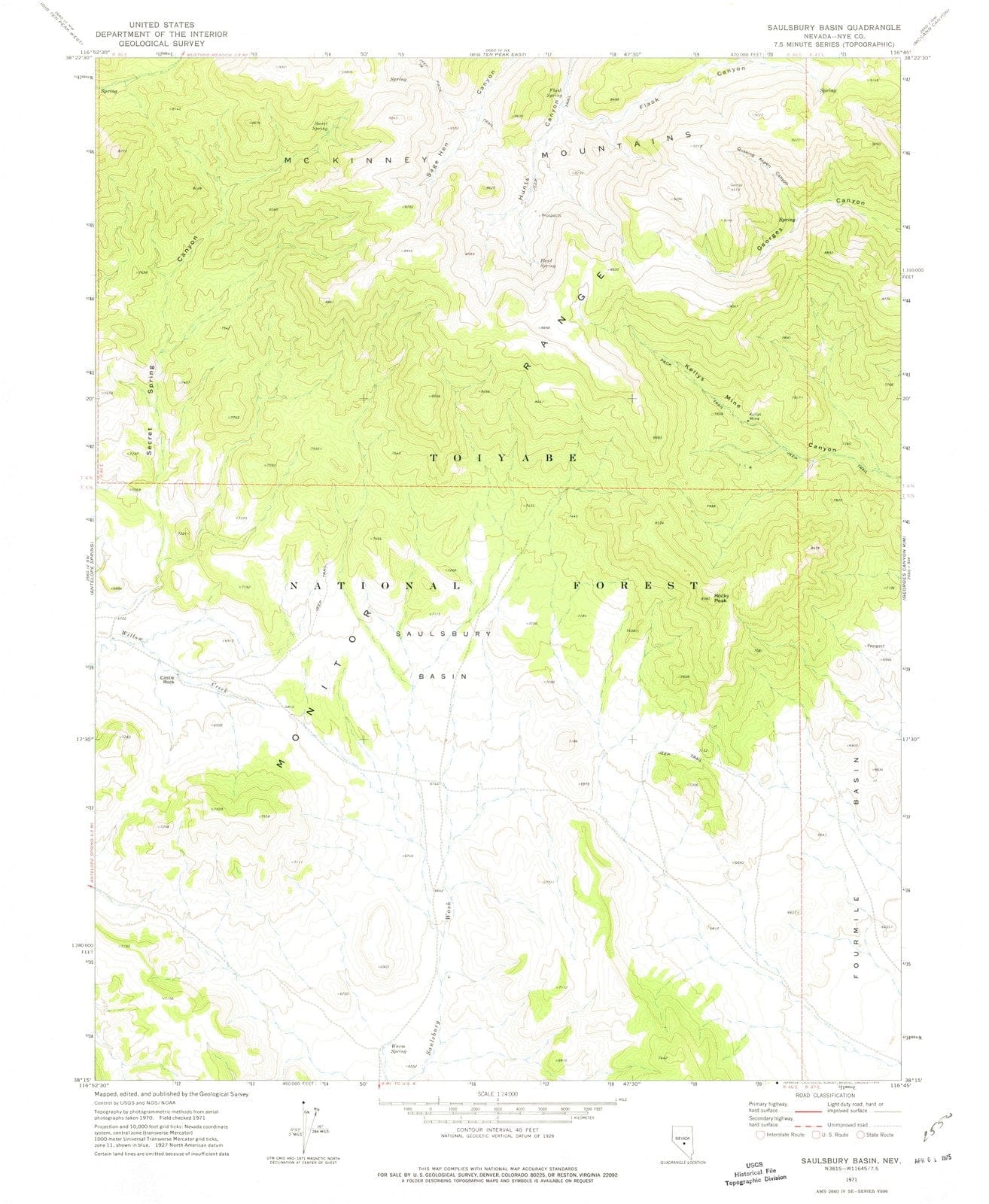 1971 Saulsbury Basin, NV - Nevada - USGS Topographic Map