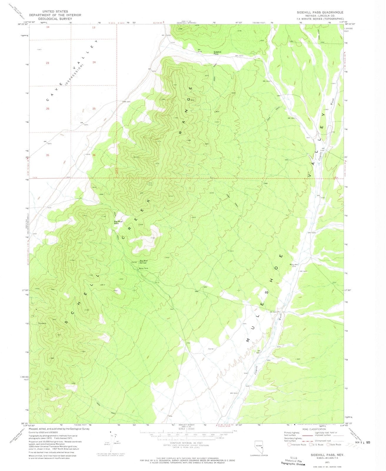 1971 Sidehill Pass, NV - Nevada - USGS Topographic Map