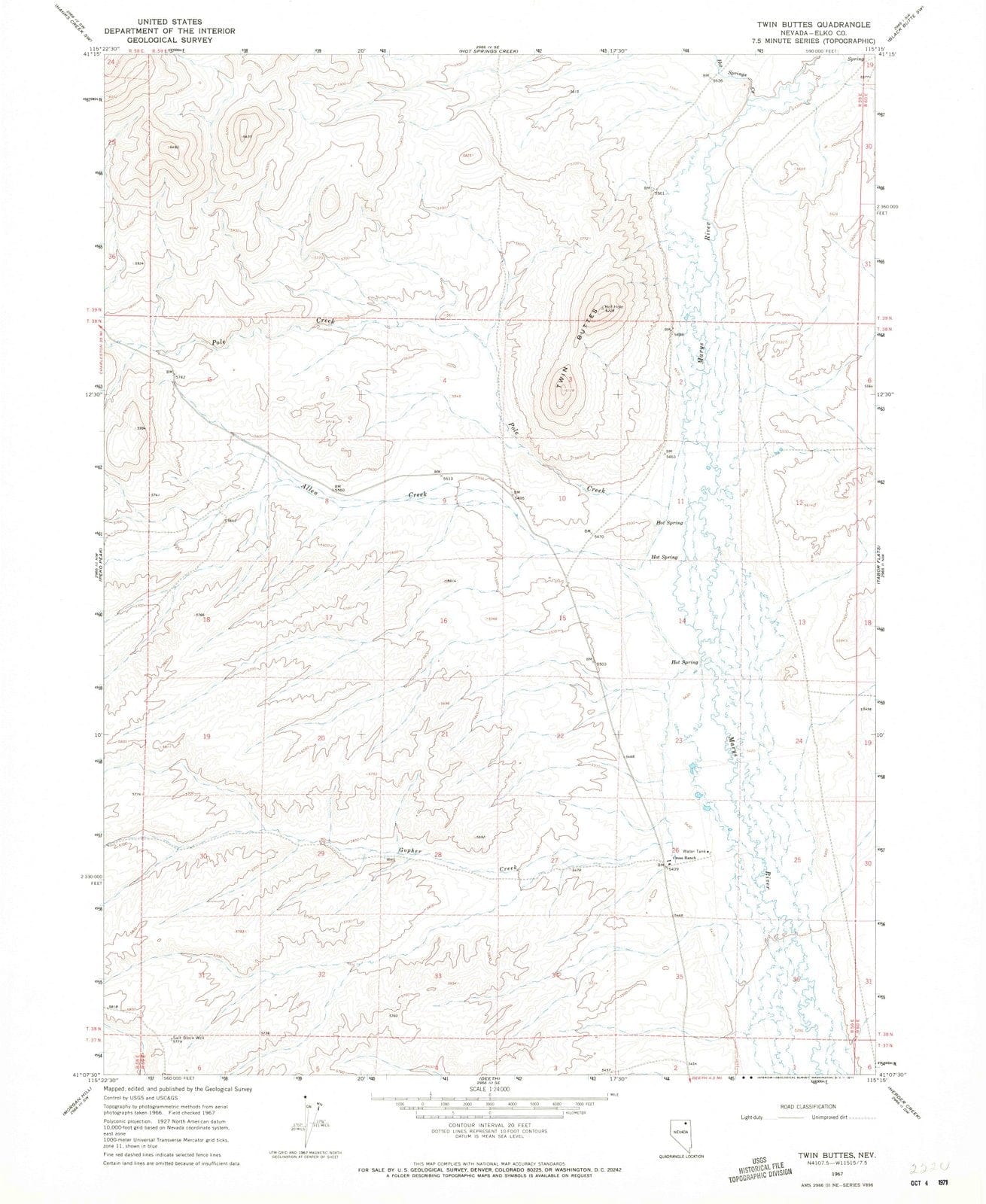 1967 Twin Buttes, NV - Nevada - USGS Topographic Map