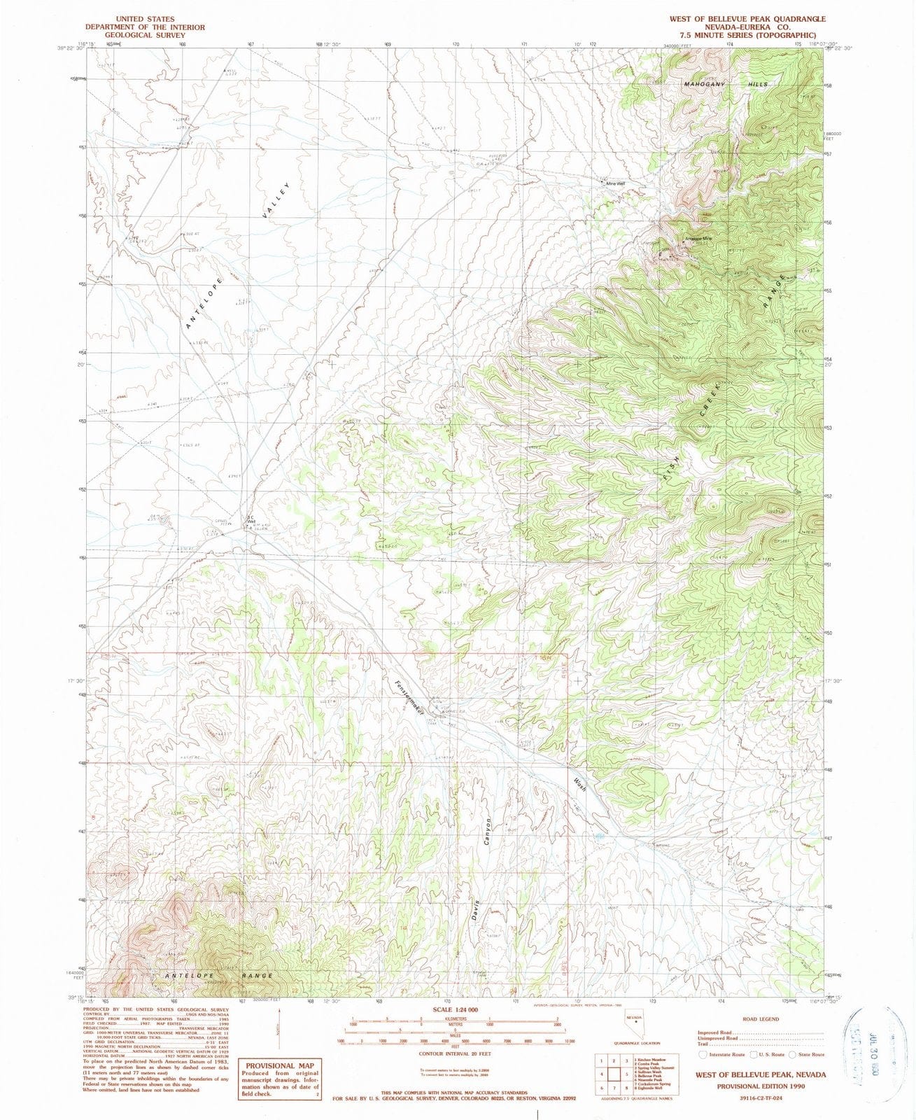 1990 West of Bellevue Peak, NV - Nevada - USGS Topographic Map