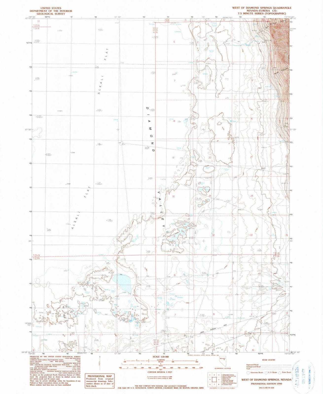 1990 West ofiamond Springs, NV - Nevada - USGS Topographic Map