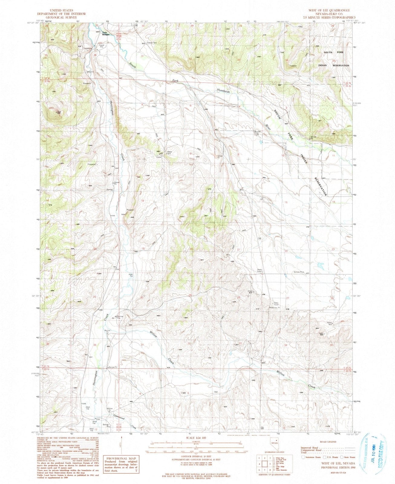 1990 West of Lee, NV - Nevada - USGS Topographic Map