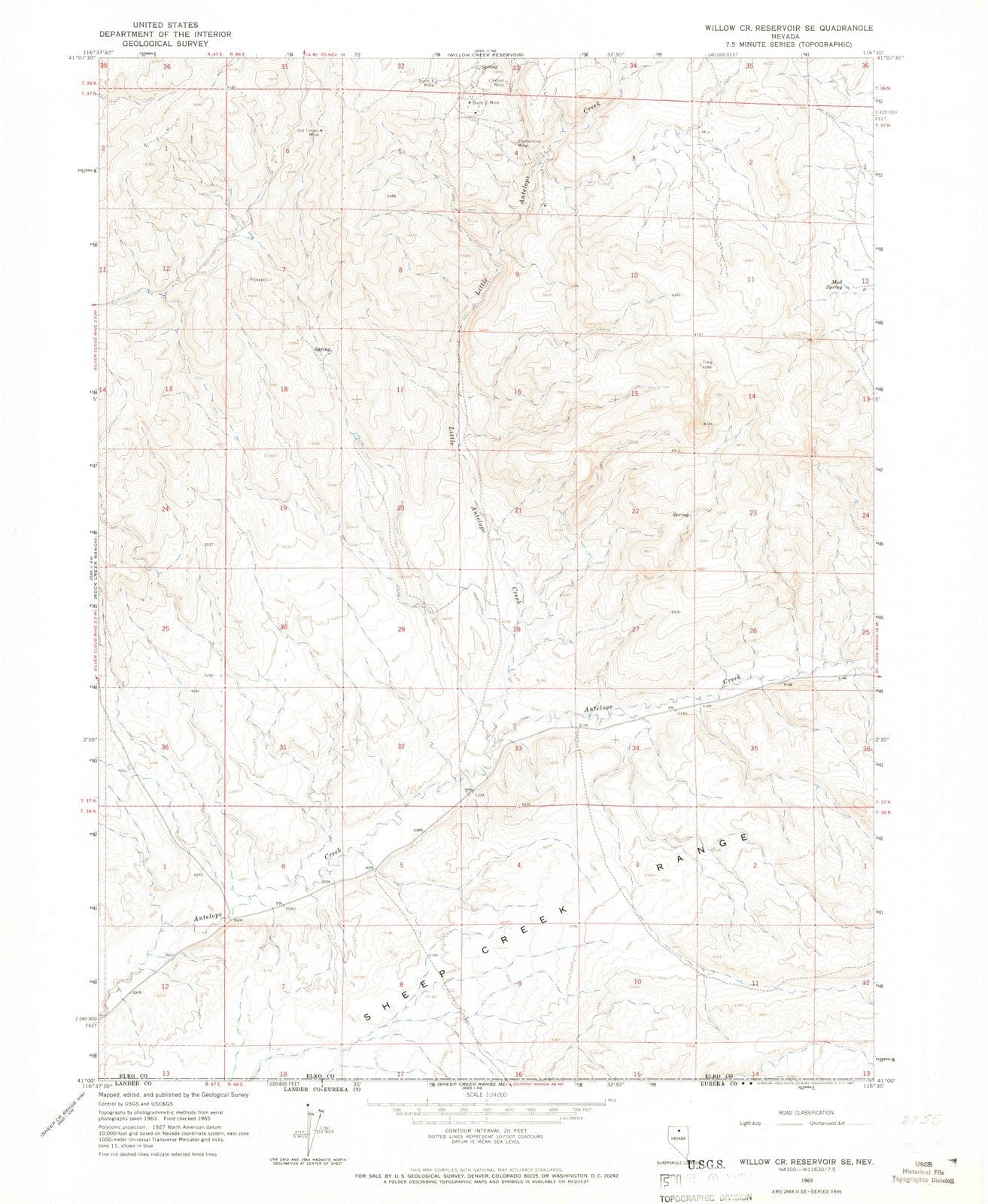 1965 Willow Creek Reservoir, NV - Nevada - USGS Topographic Map