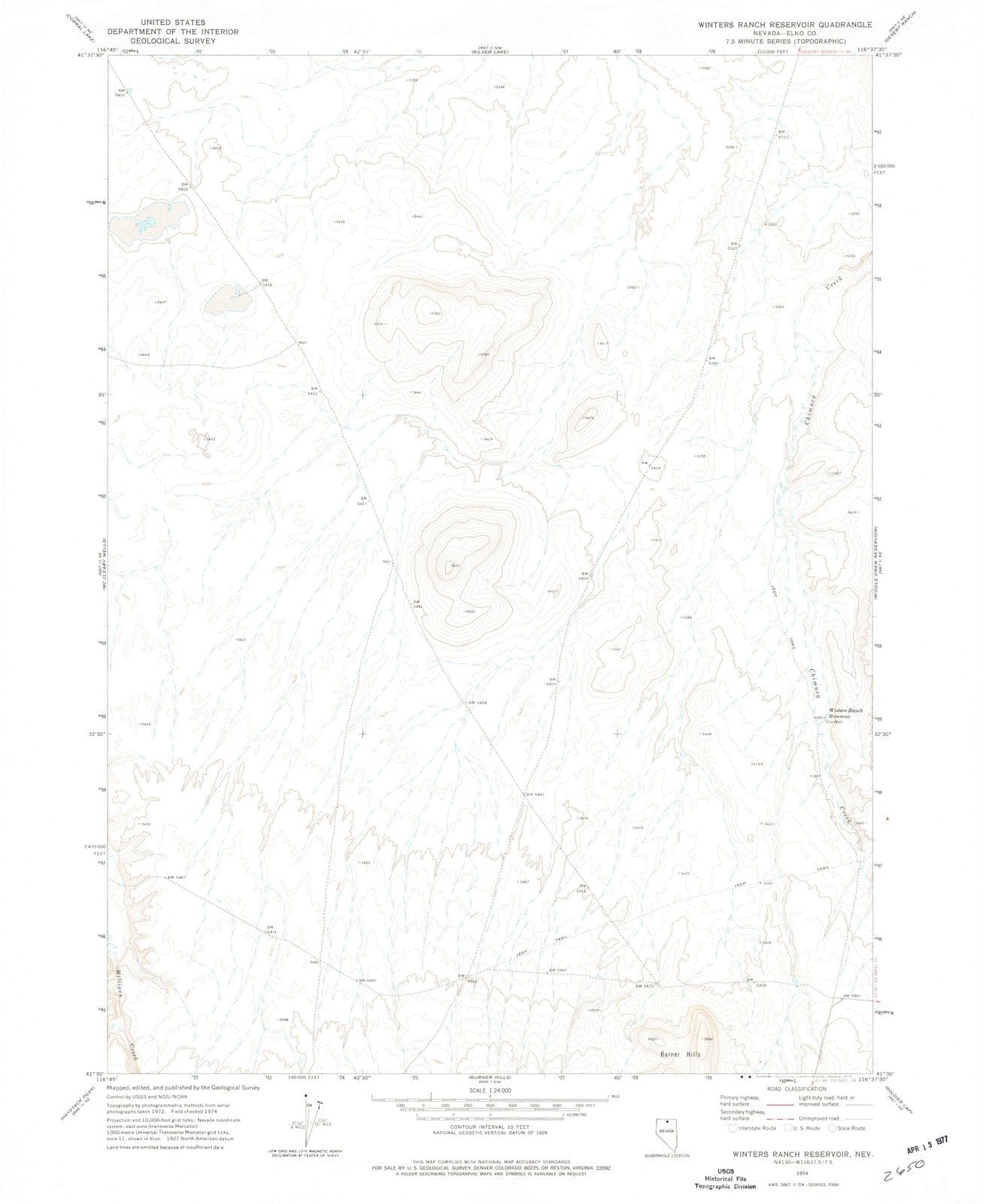 1974 Winters Ranch Reservoir, NV - Nevada - USGS Topographic Map