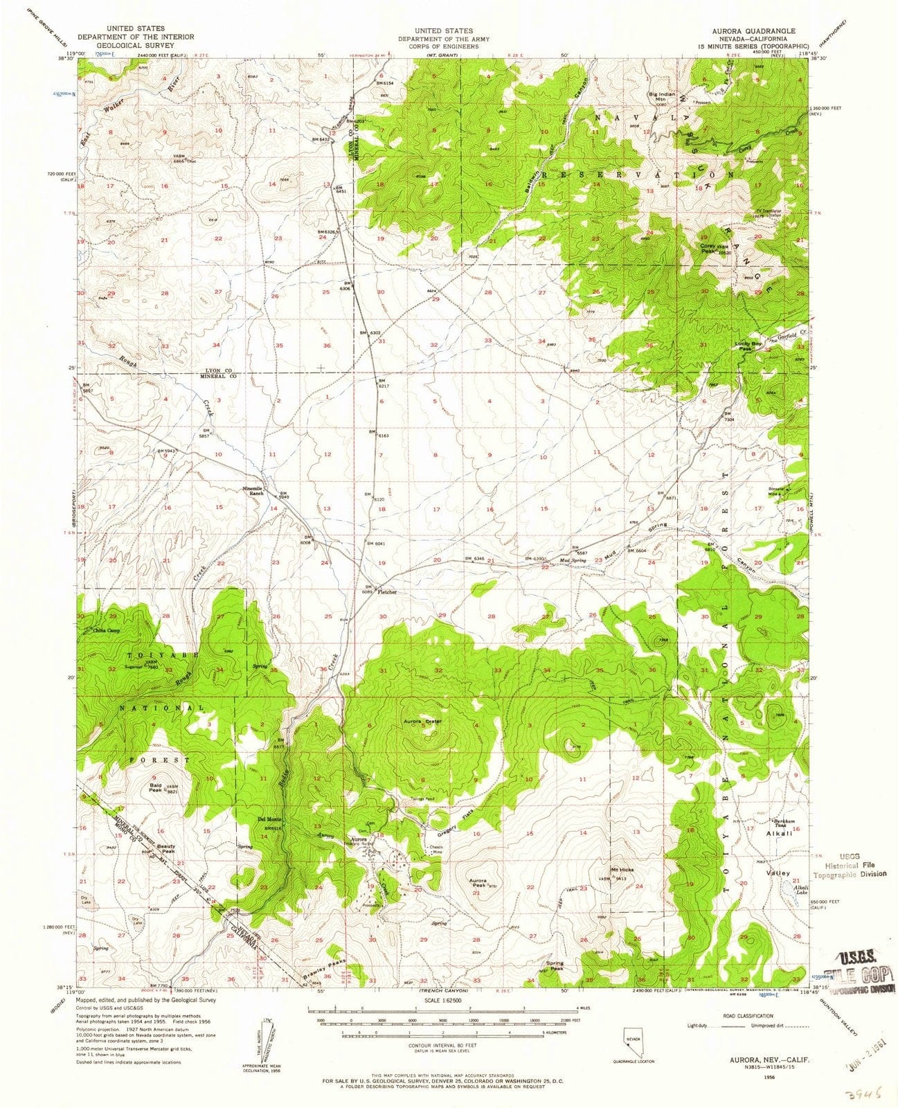 1956 Aurora, NV - Nevada - USGS Topographic Map