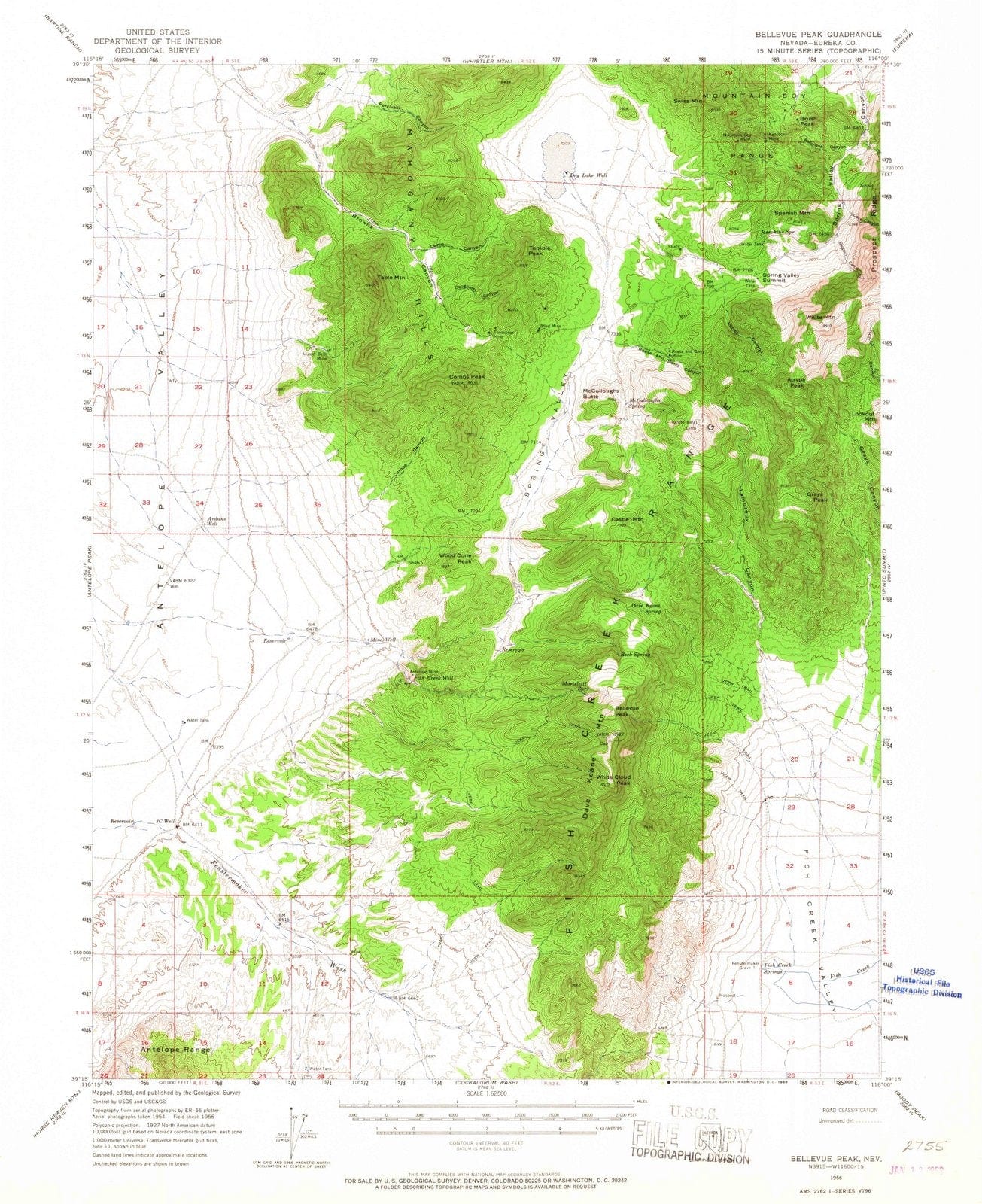 1956 Bellevue Peak, NV - Nevada - USGS Topographic Map
