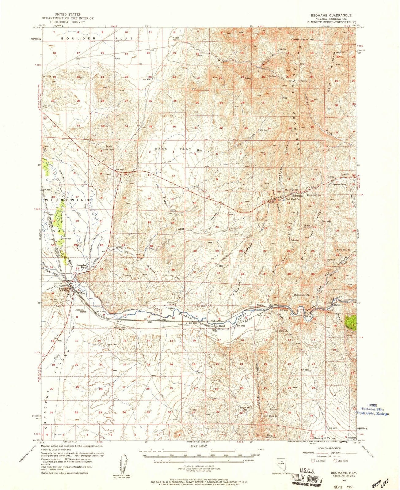 1957 Beowawe, NV - Nevada - USGS Topographic Map