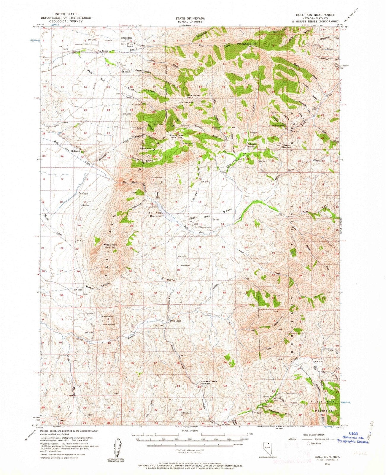 1956 Bull Run, NV - Nevada - USGS Topographic Map