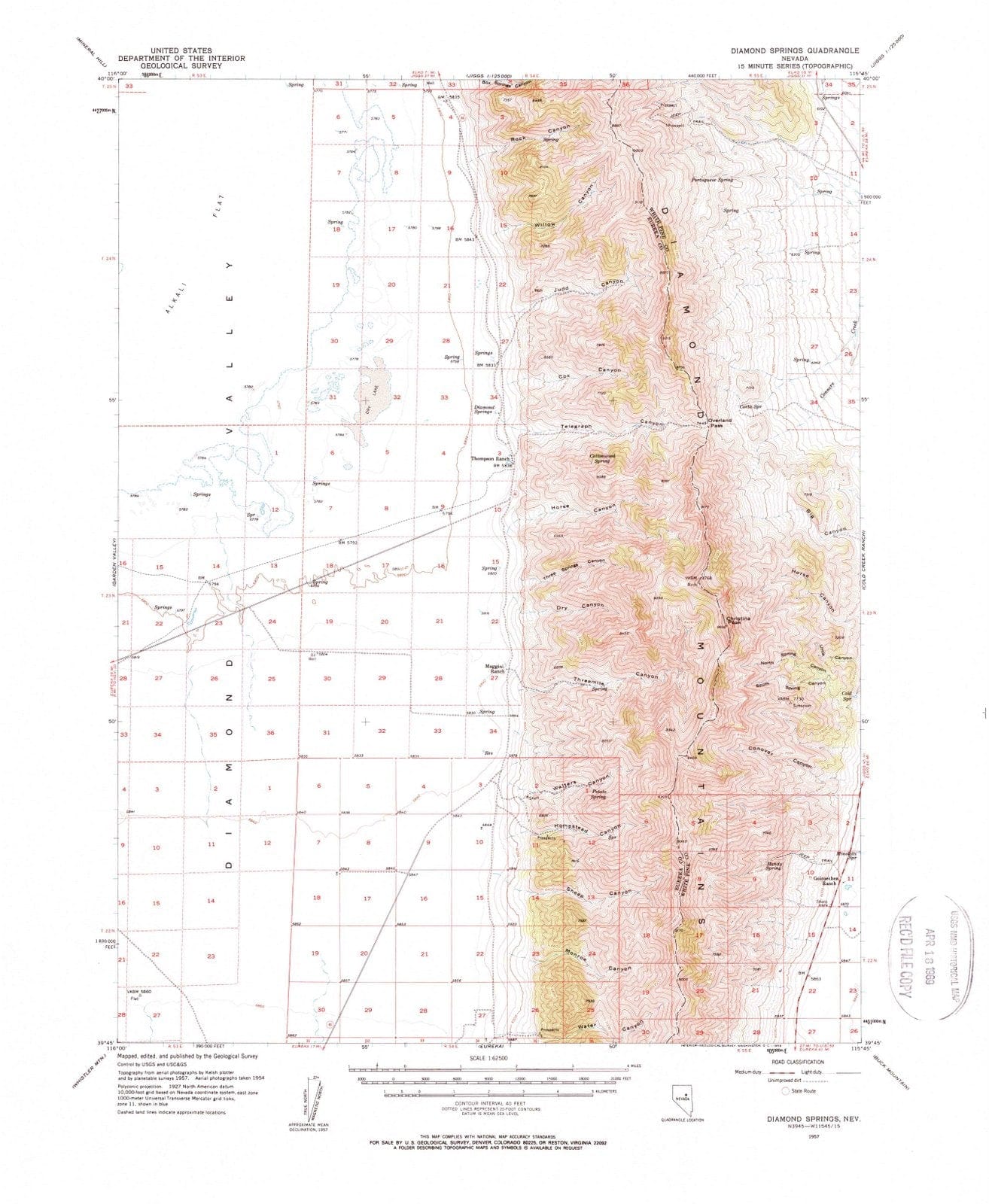 1957 Diamond Springs, NV - Nevada - USGS Topographic Map