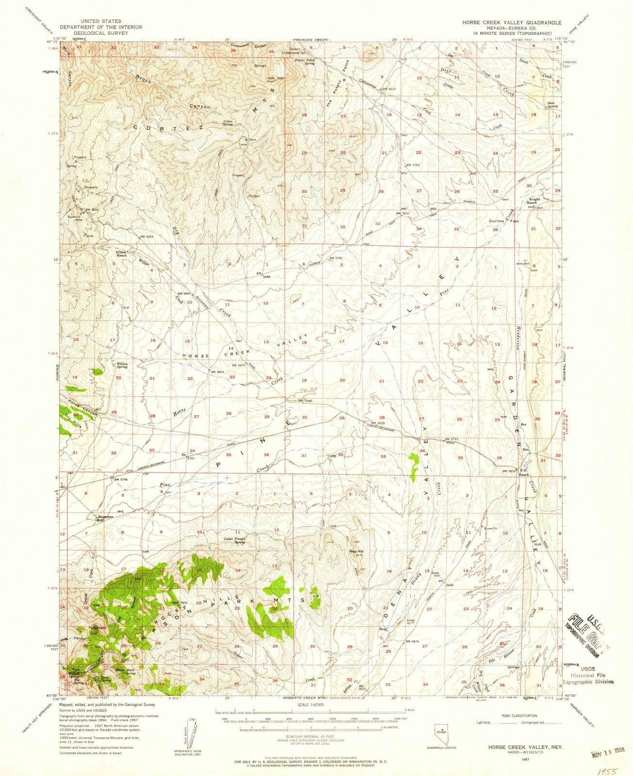 1957 Horse Creek Valley, NV - Nevada - USGS Topographic Map
