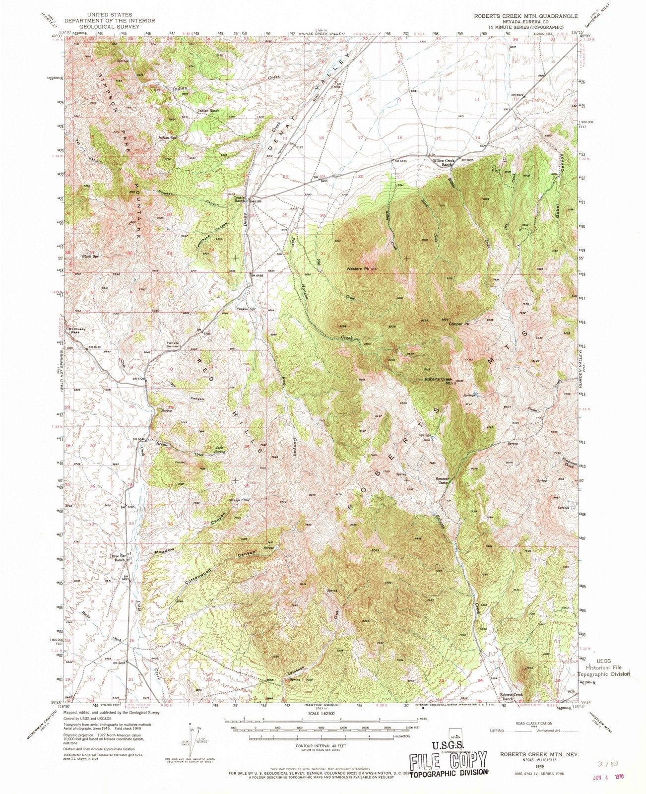 1949 Roberts Creek MTN, NV - Nevada - USGS Topographic Map