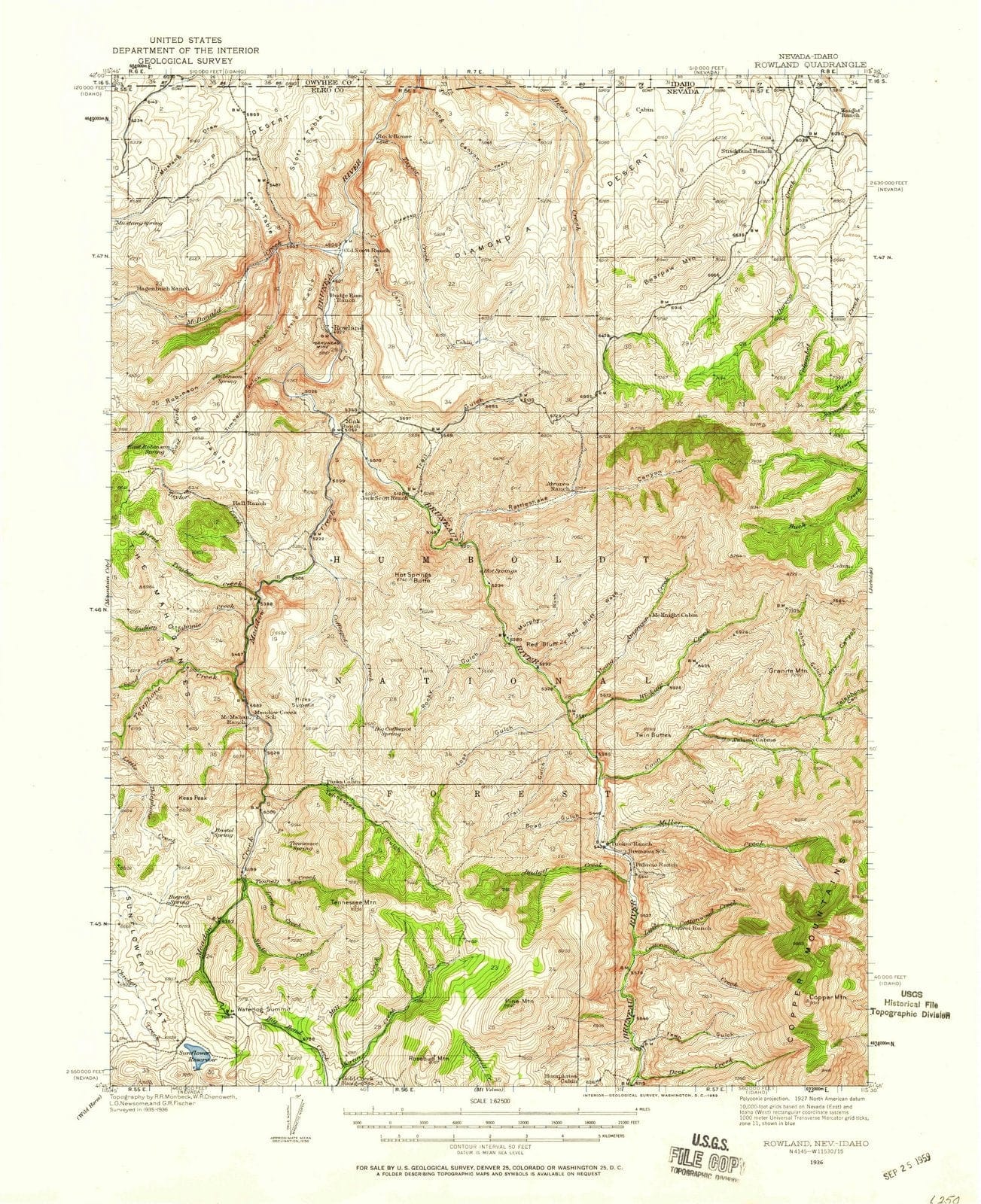 1936 Rowland, NV - Nevada - USGS Topographic Map