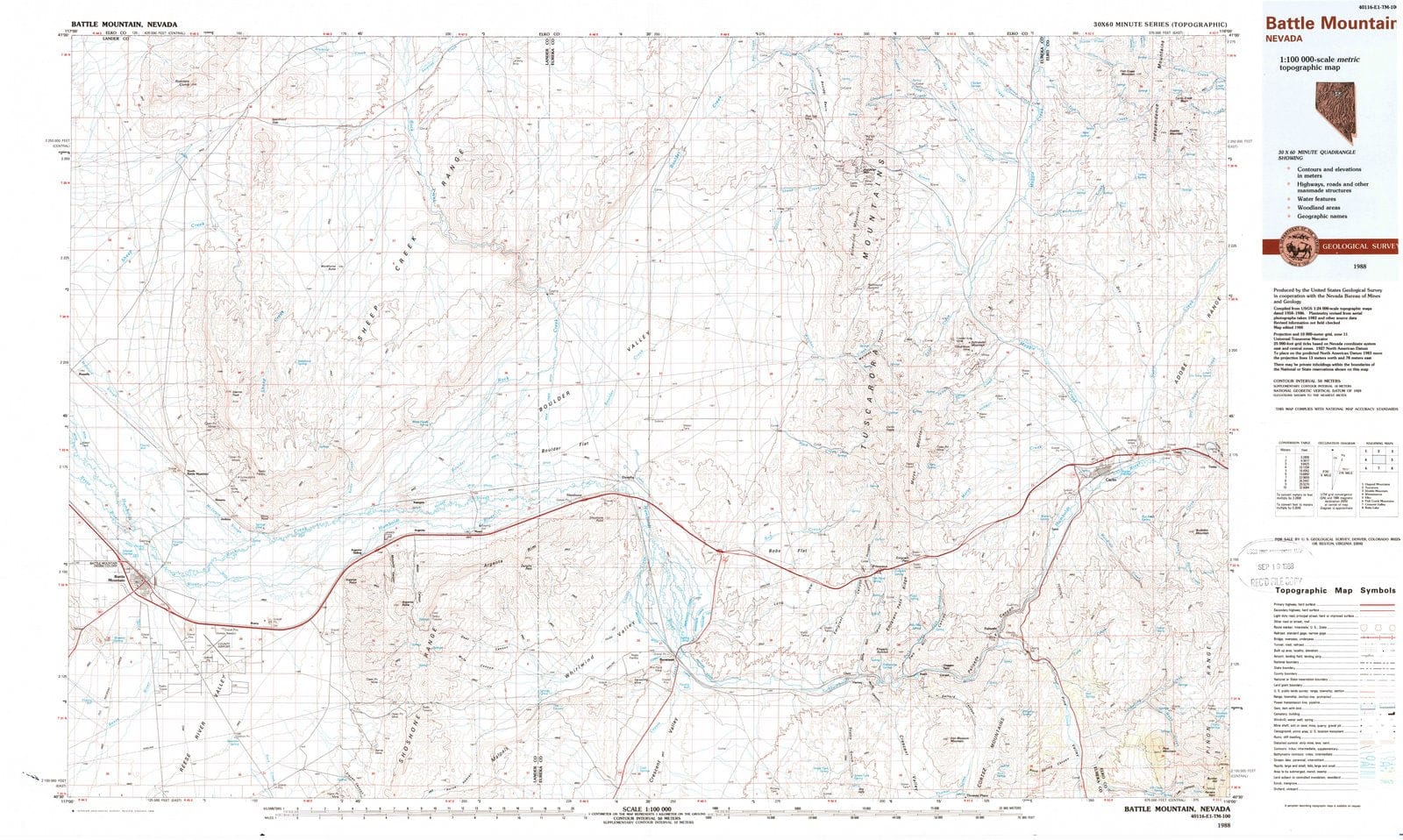 1988 Battle Mountain, NV - Nevada - USGS Topographic Map