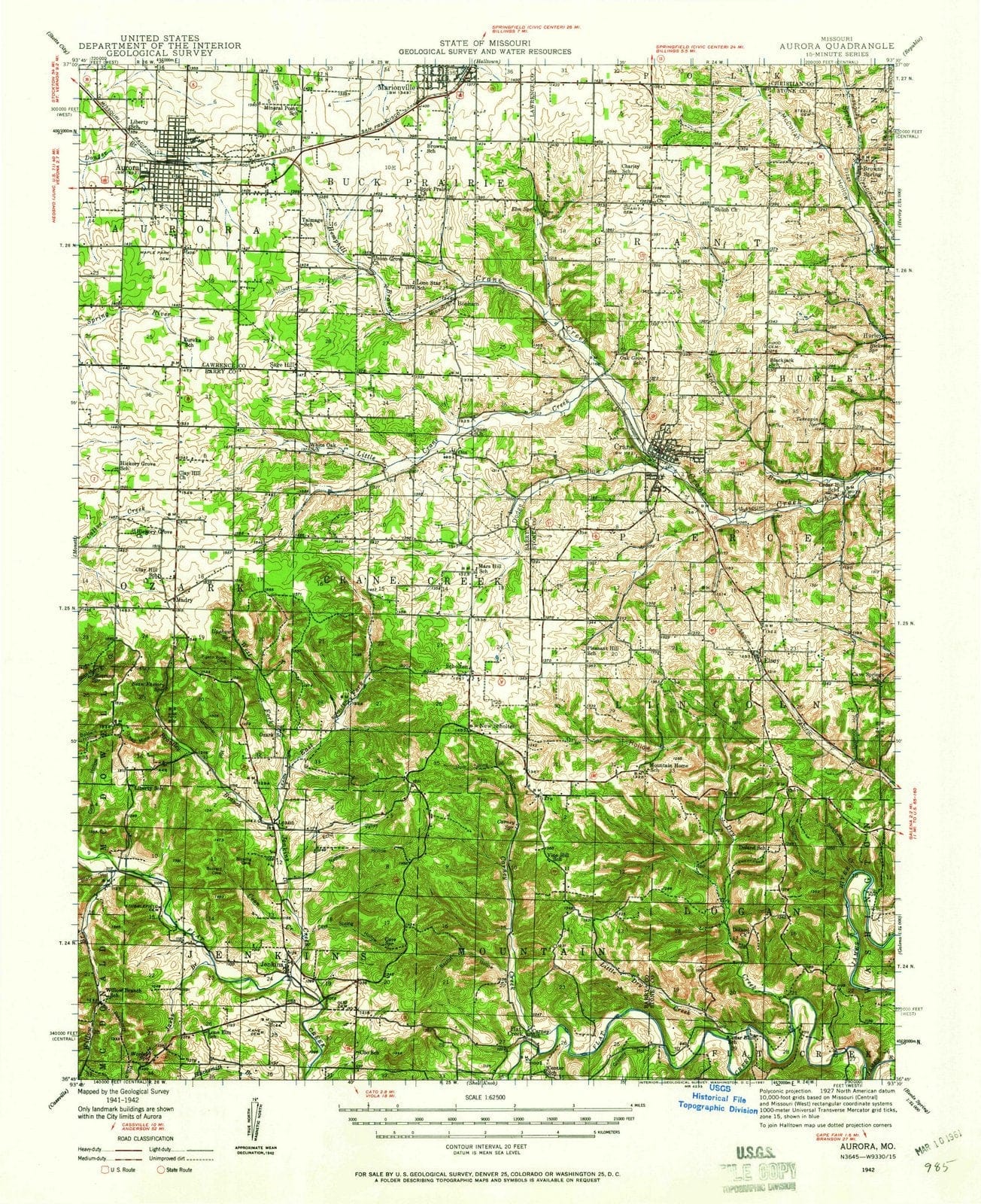 1942 Aurora, MO - Missouri - USGS Topographic Map