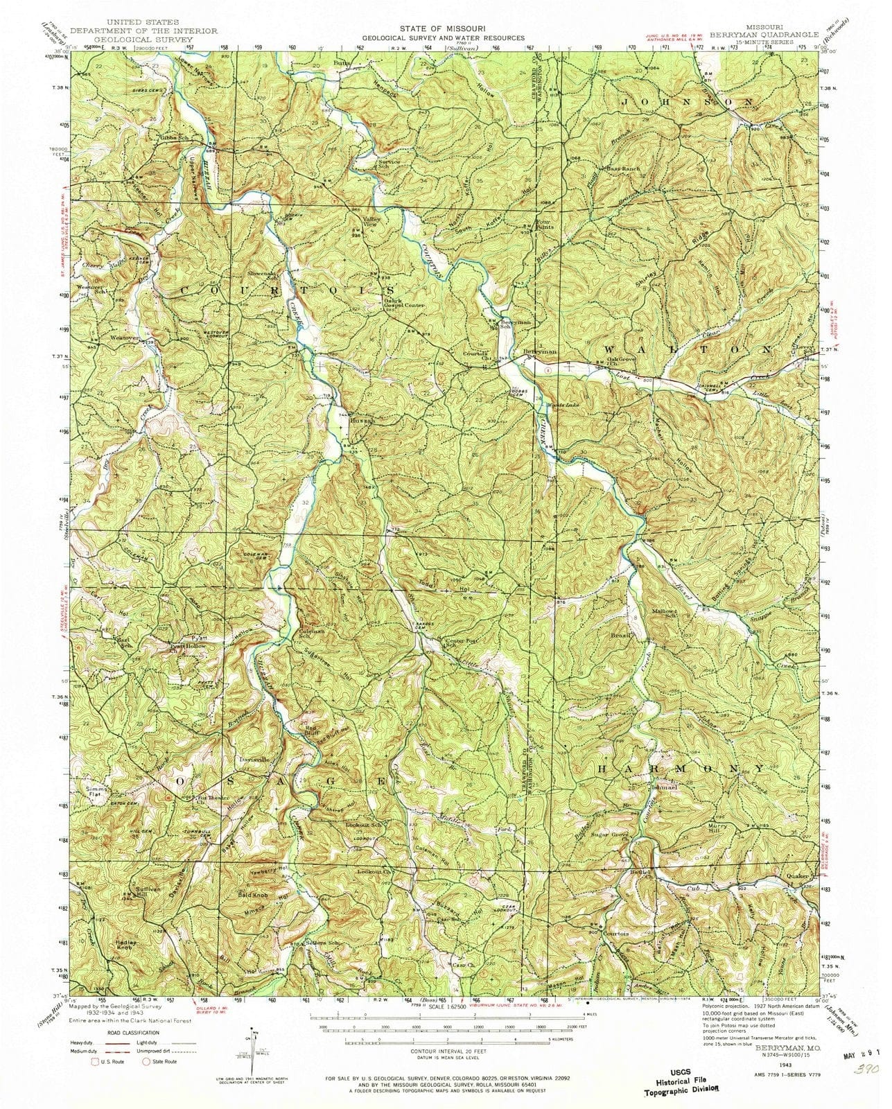 1943 Berryman, MO - Missouri - USGS Topographic Map