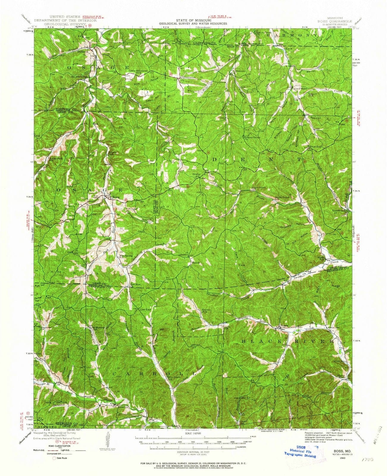 1943 Boss, MO - Missouri - USGS Topographic Map