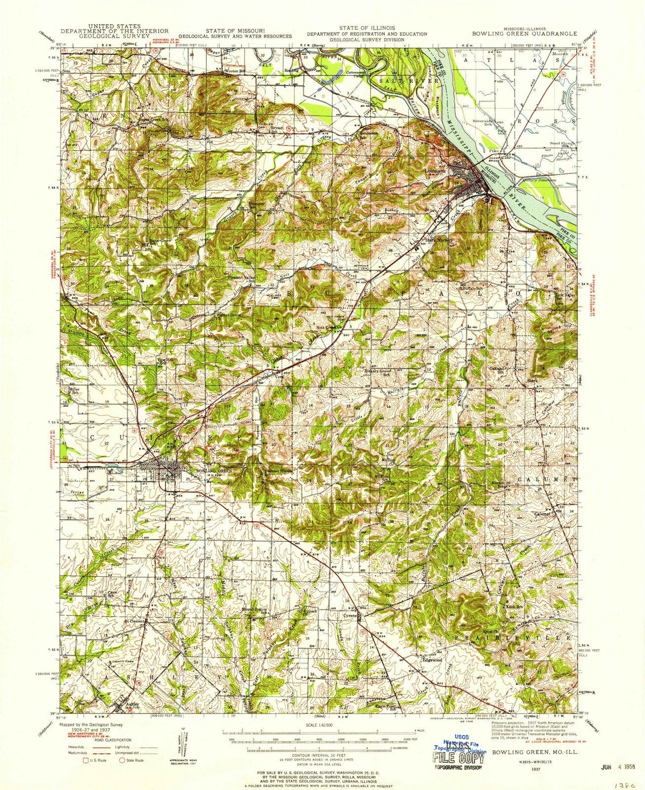 1937 Bowling Green, MO - Missouri - USGS Topographic Map