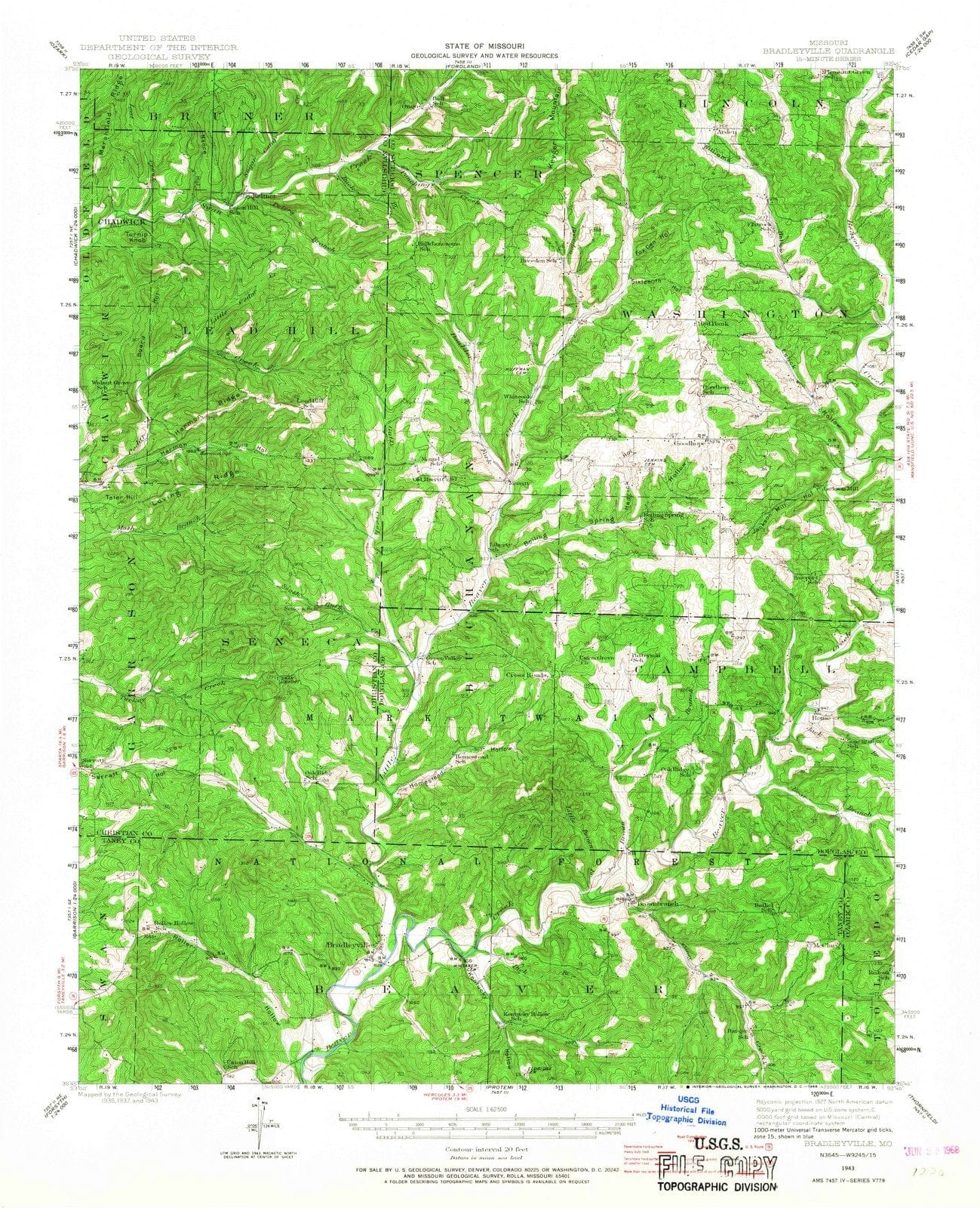 1943 Bradleyville, MO - Missouri - USGS Topographic Map