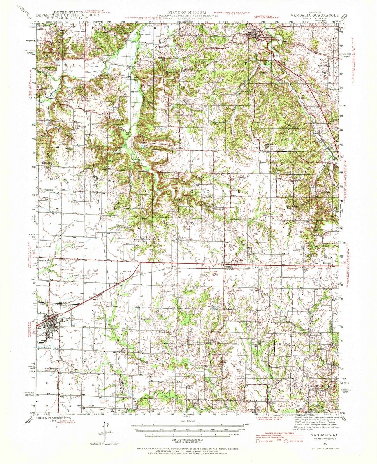 1943 Vandalia, MO - Missouri - USGS Topographic Map