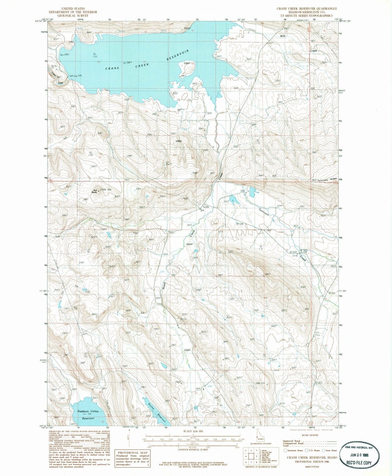 1986 Crane Creek Reservoir, ID - Idaho - USGS Topographic Map