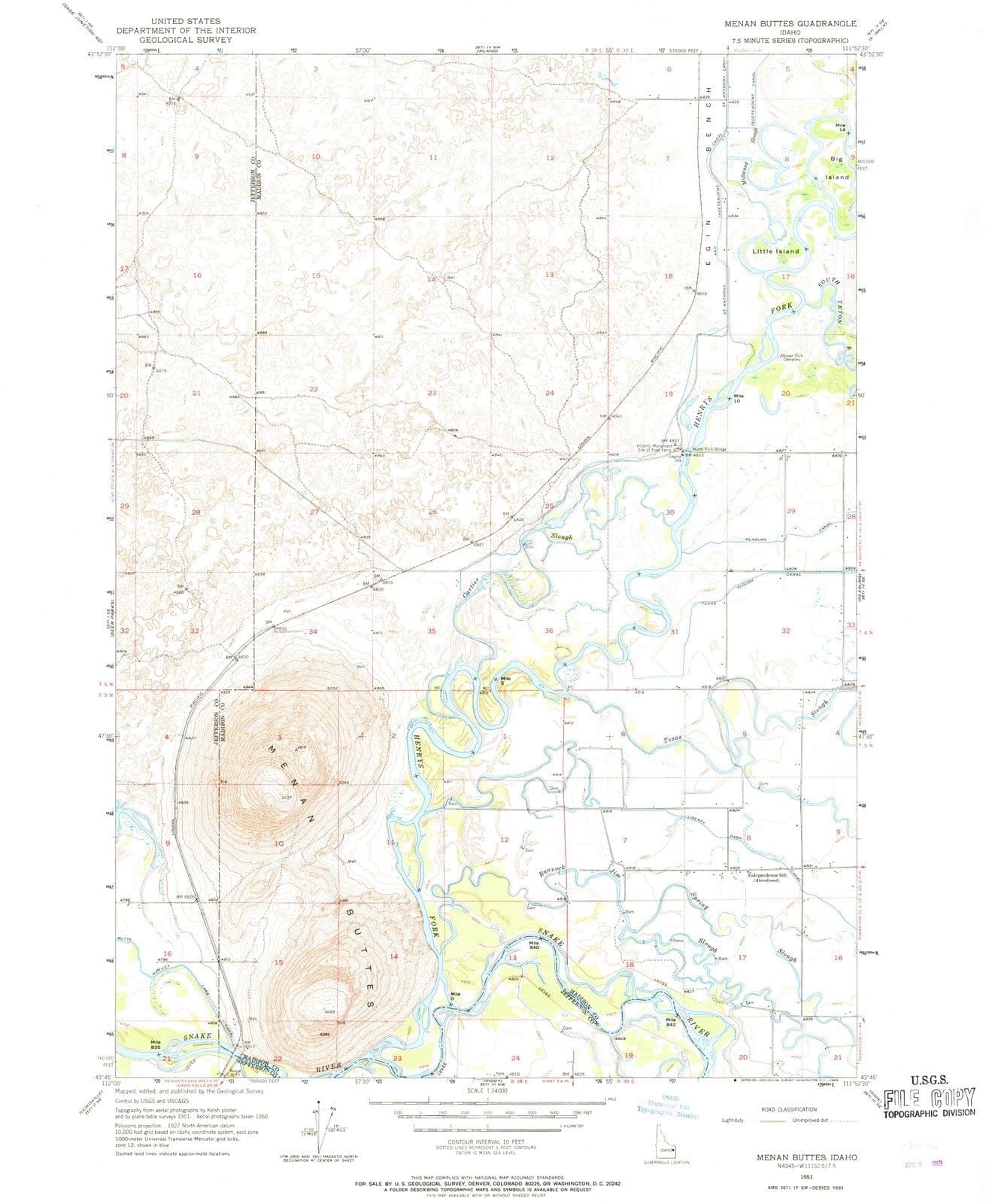 1951 Menan Buttes, ID - Idaho - USGS Topographic Map