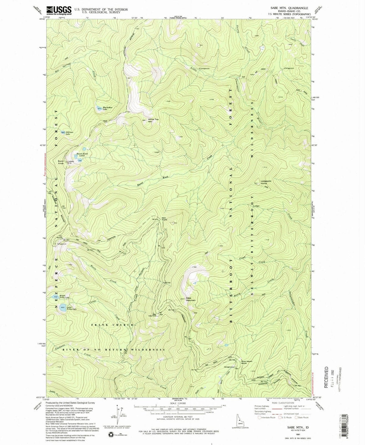 1991 Sabe Mountain, ID - Idaho - USGS Topographic Map